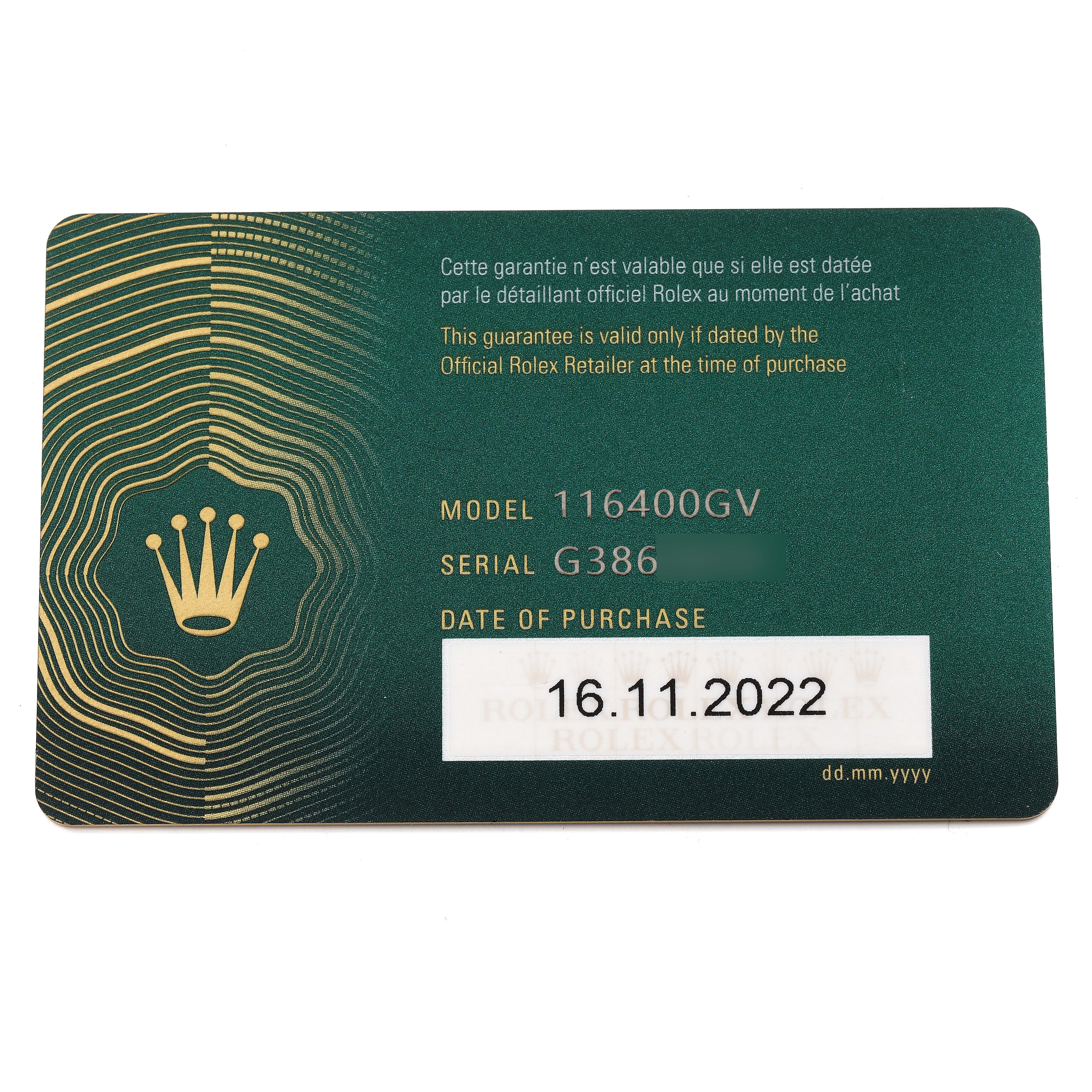 The image shows a warranty card for the Rolex Milgauss 116400 Men
s Stainless Steel Blue Dial 116400 Men
s Stainless Steel Blue Dial model (116400GV), including the serial number and purchase date.