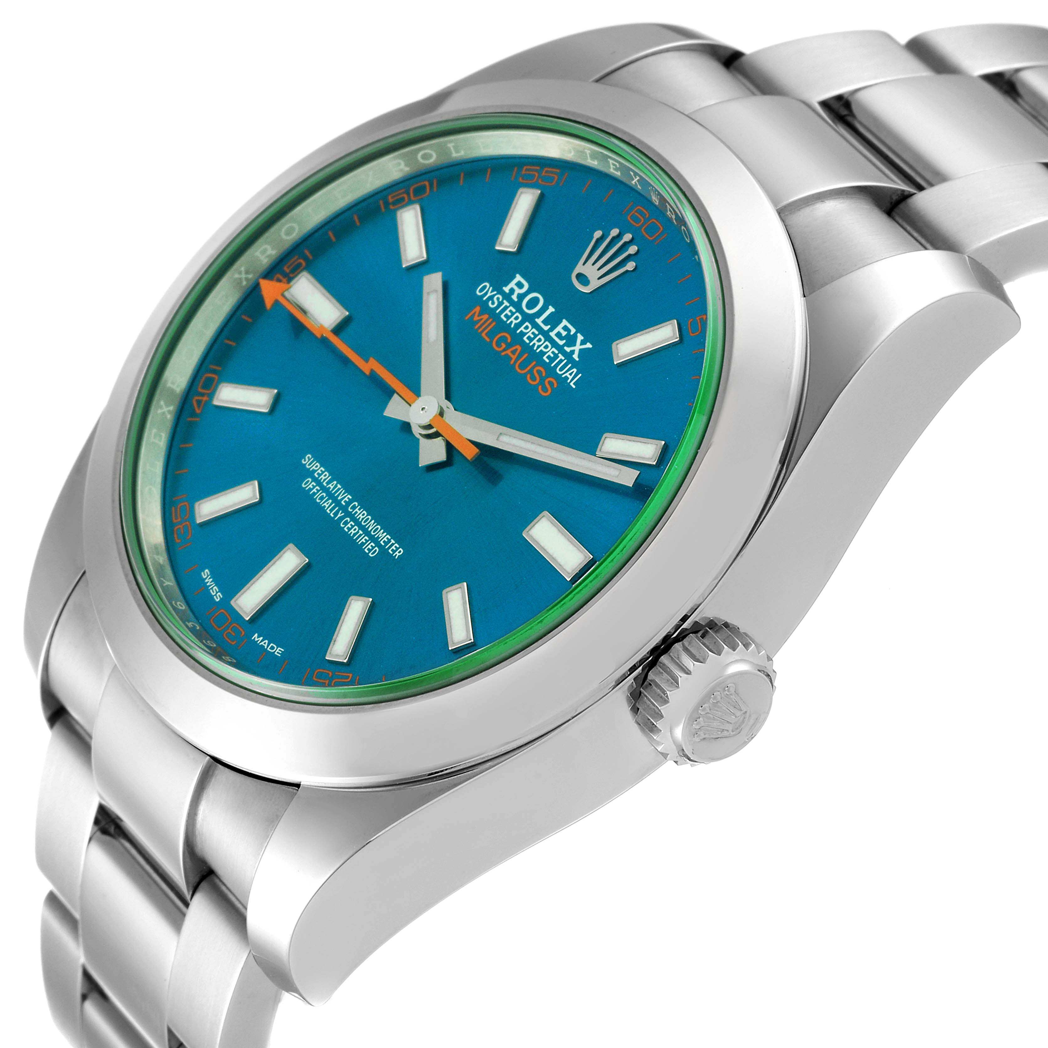 The image shows a close-up side angle of a Rolex Milgauss 116400 Men
s Stainless Steel Blue Dial 116400 Men
s Stainless Steel Blue Dial watch, highlighting the face, crown, and a portion of the bracelet.