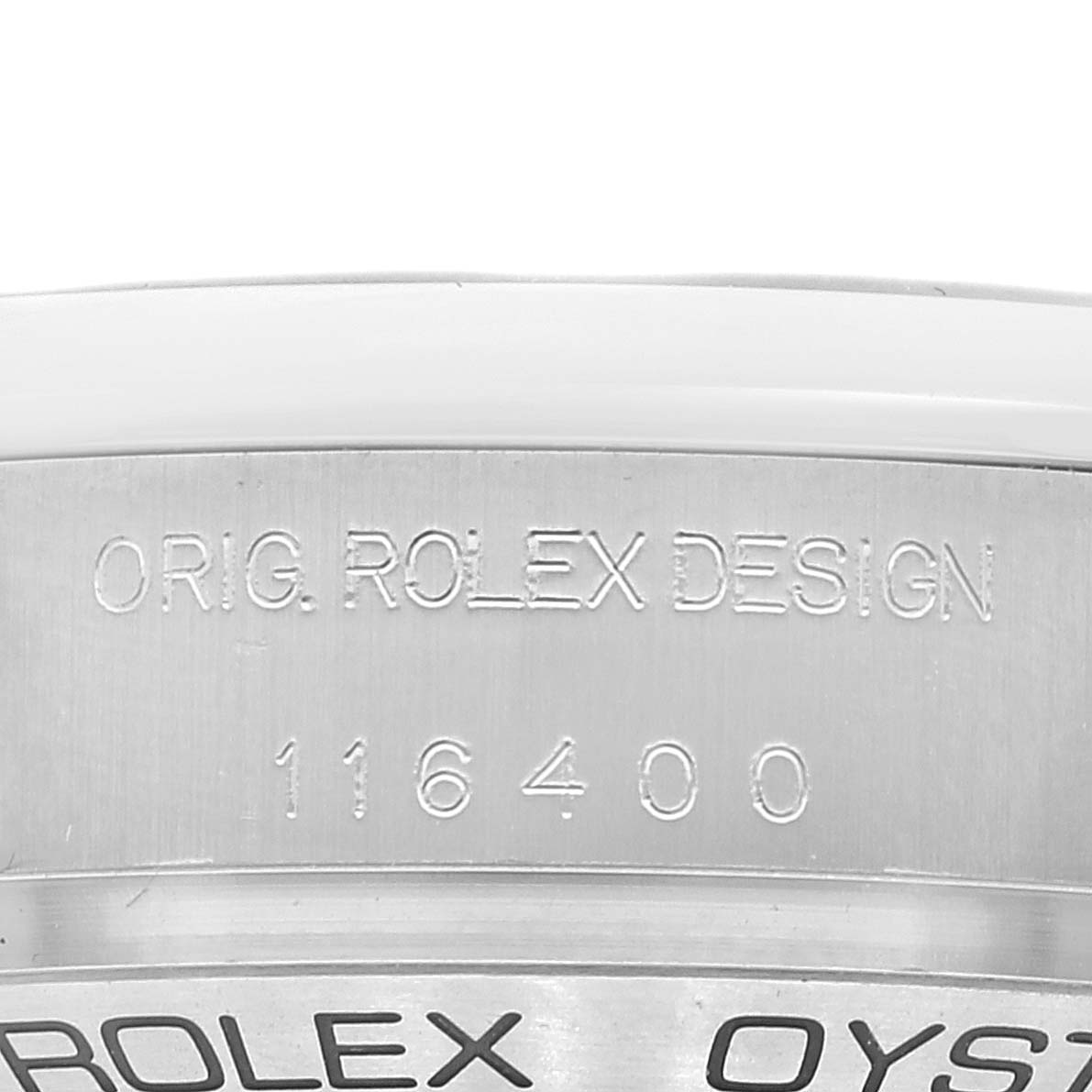 This image shows a close-up of the case side engraving on a Rolex Milgauss 116400 Men
s Stainless Steel White Dial 116400 Men
s Stainless Steel White Dial watch.