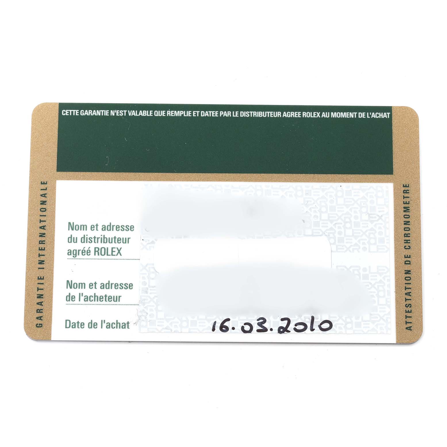 The image shows a warranty card for the Rolex Milgauss 116400 Men
s Stainless Steel White Dial 116400 Men
s Stainless Steel White Dial model, including purchase date and distributor information.