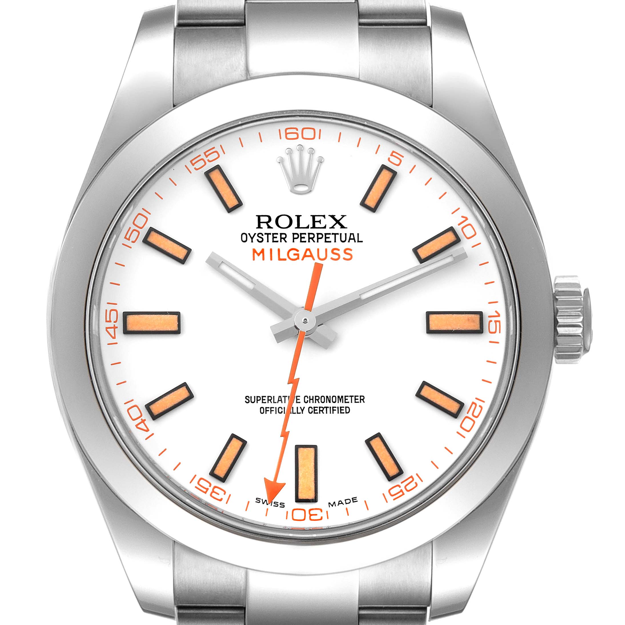 This image shows the front view of a Rolex Milgauss 116400 Men
s Stainless Steel White Dial 116400 Men
s Stainless Steel White Dial watch, highlighting its face, dial, and part of the strap.