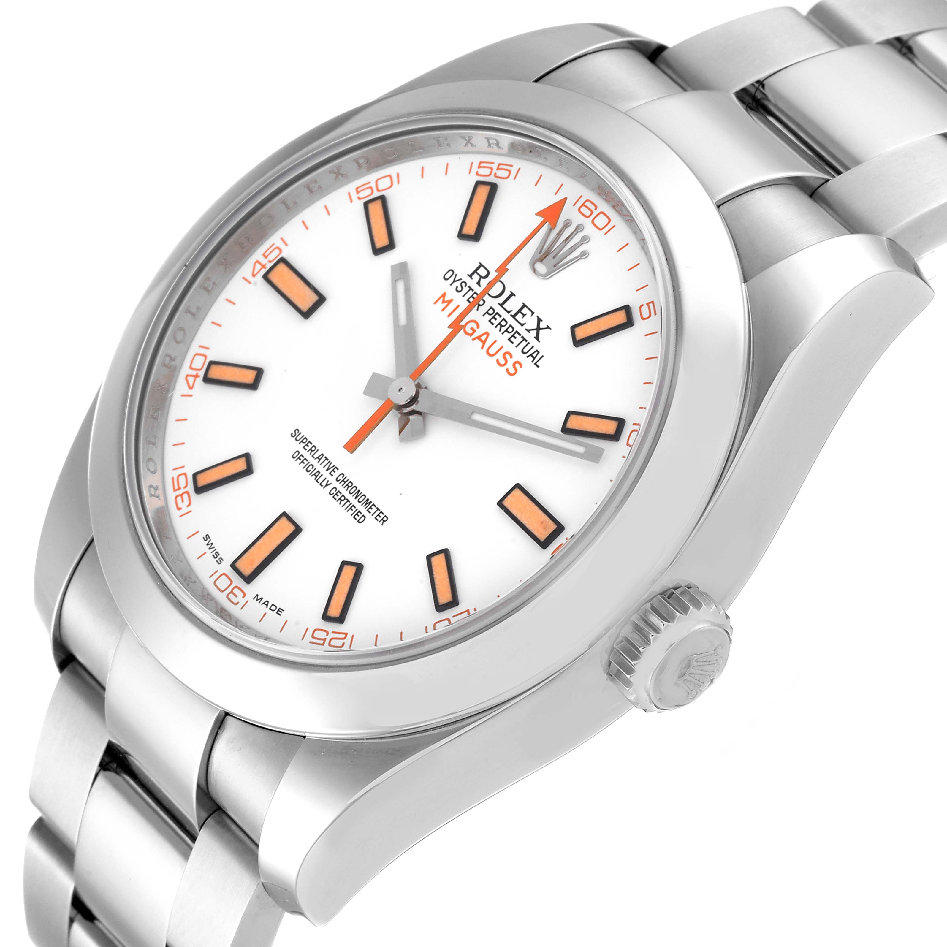 The image shows a tilted view of the Rolex Milgauss 116400 Men
s Stainless Steel White Dial 116400 Men
s Stainless Steel White Dial watch, highlighting the face, crown, and part of the bracelet.