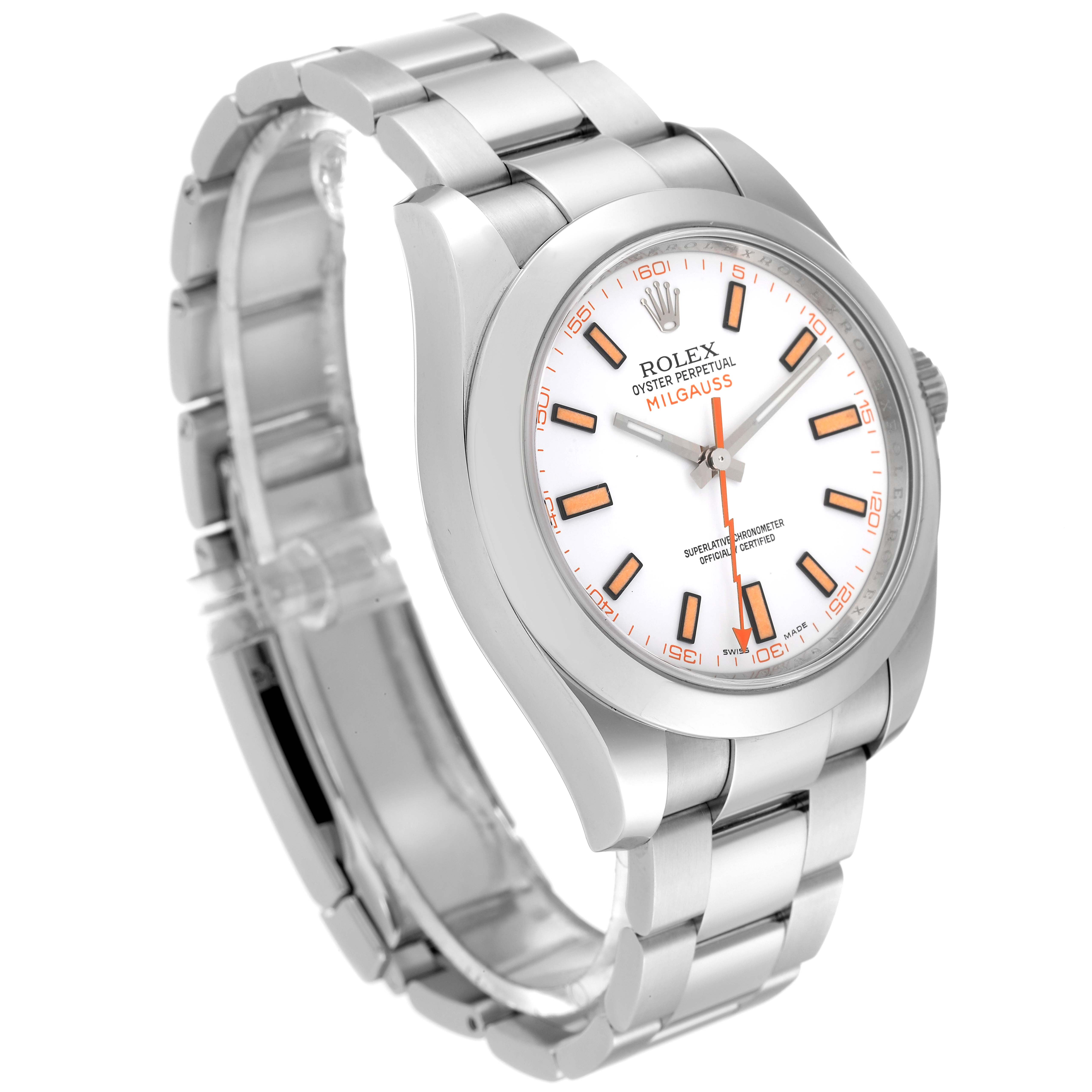 The Rolex Milgauss 116400 Men
s Stainless Steel White Dial 116400 Men
s Stainless Steel White Dial watch is shown at a three-quarter angle, displaying its dial, bracelet, and crown.