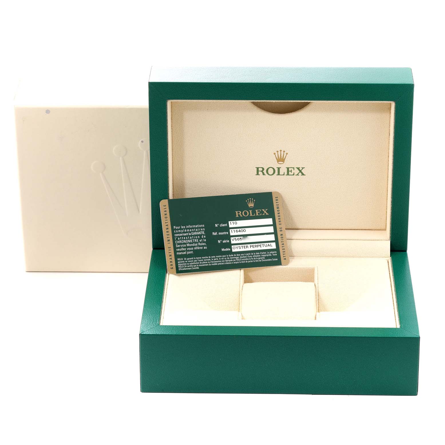 The image shows the packaging and warranty card for a Rolex Milgauss 116400 Men
s Stainless Steel White Dial 116400 Men
s Stainless Steel White Dial watch, with the box opened.