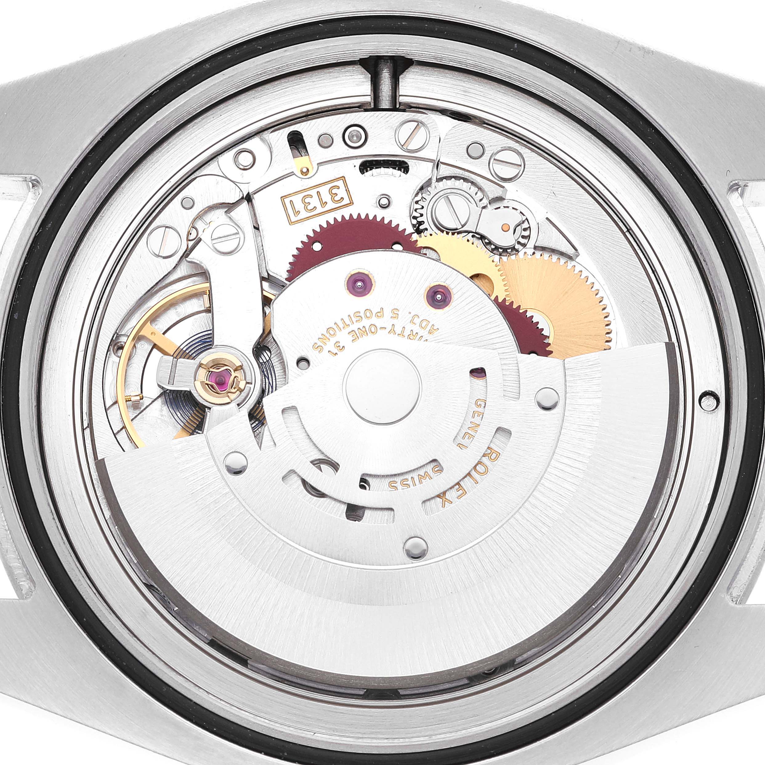 The image shows a close-up view of the movement inside a Rolex Milgauss 116400 Men
s Stainless Steel White Dial 116400 Men
s Stainless Steel White Dial watch, revealing its intricate gears and components.