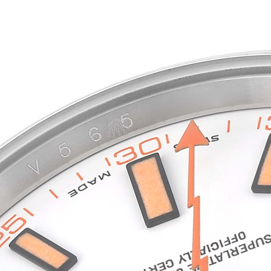 This image shows a close-up of the dial and bezel of a Rolex Milgauss 116400 Men
s Stainless Steel White Dial 116400 Men
s Stainless Steel White Dial watch, highlighting the hour markers and seconds hand.