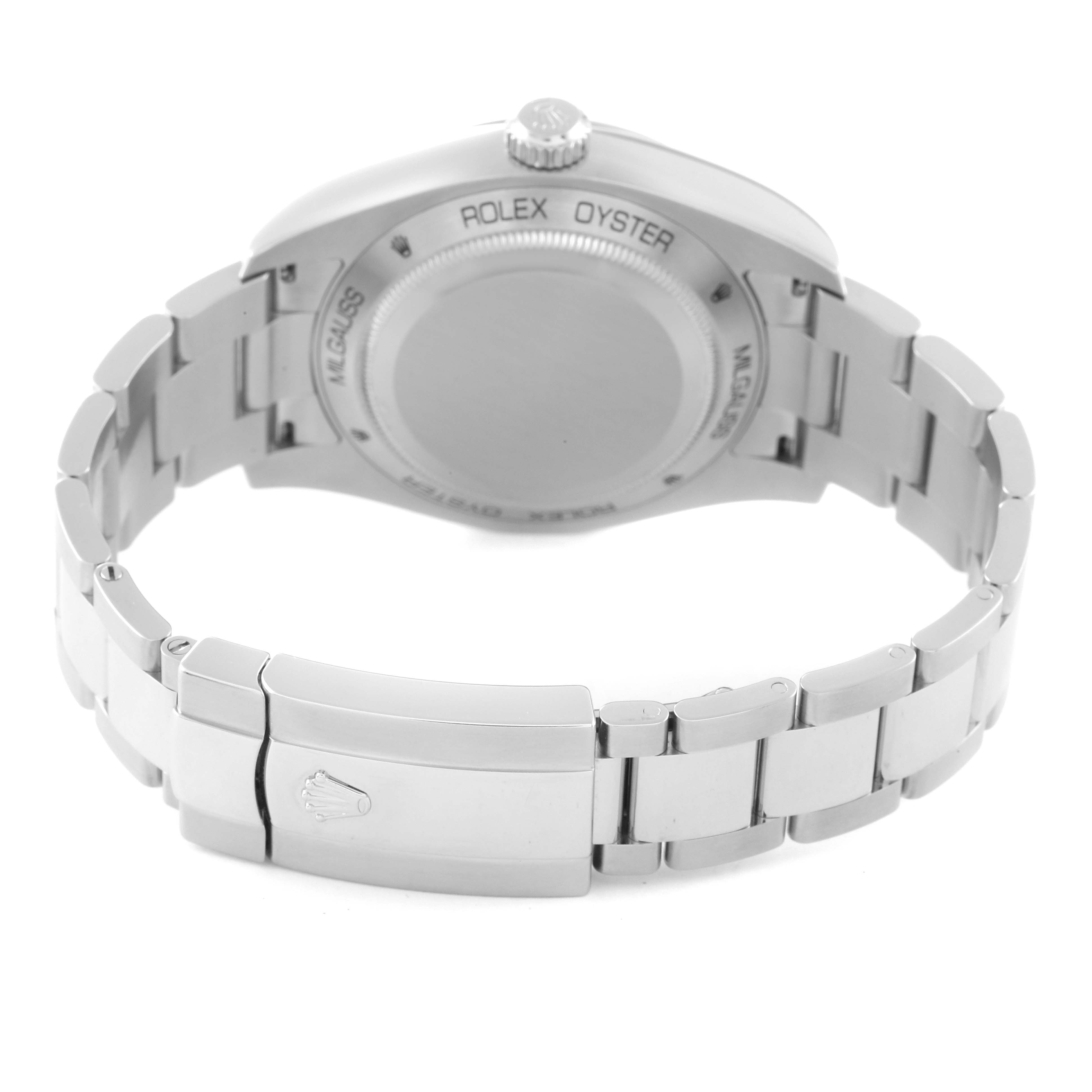 This image shows the rear view of a Rolex Milgauss 116400 Men
s Stainless Steel White Dial 116400 Men
s Stainless Steel White Dial watch, highlighting its bracelet, clasp, and case back.