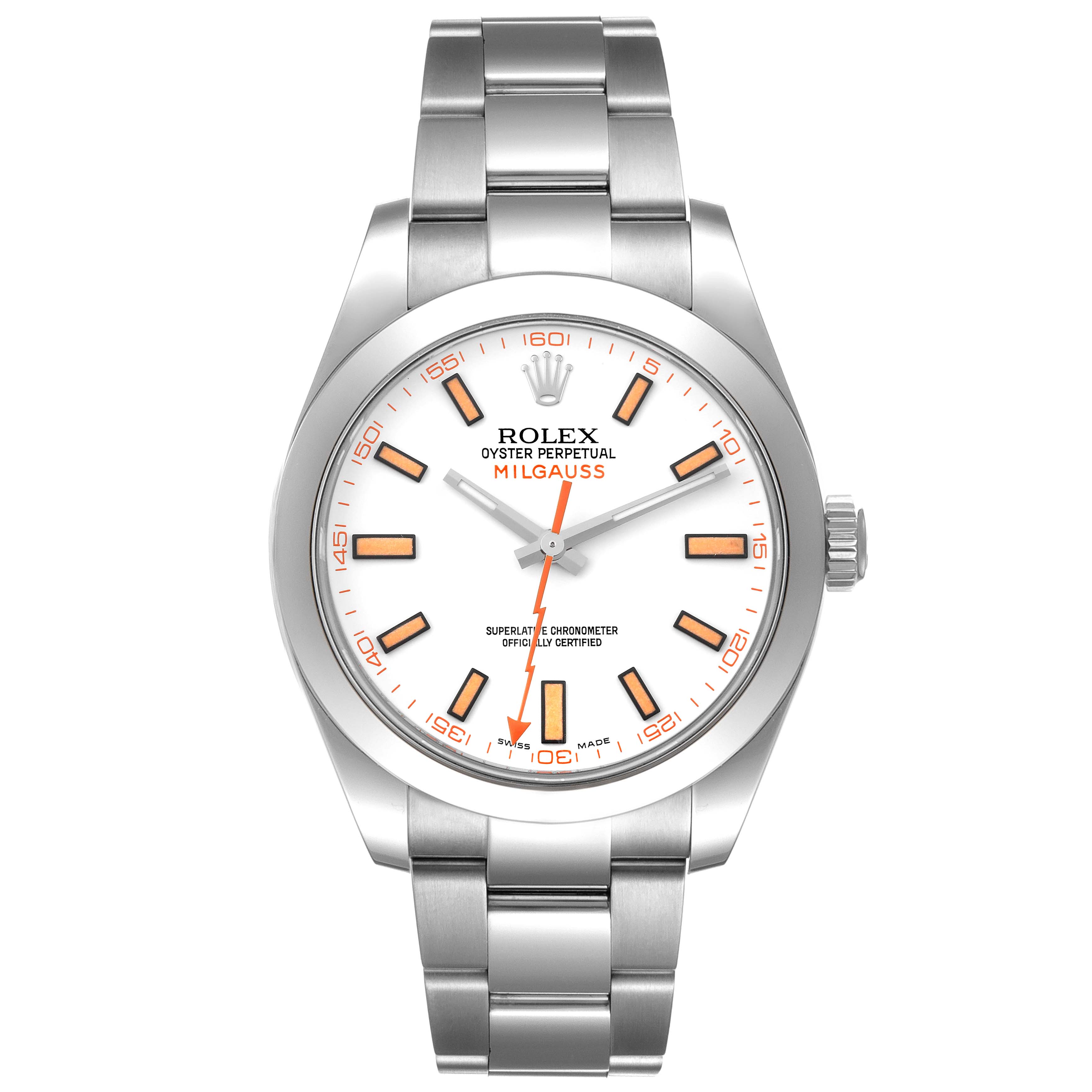 The image shows a front view of the Rolex Milgauss 116400 Men
s Stainless Steel White Dial 116400 Men
s Stainless Steel White Dial watch, displaying its face, bracelet, and crown.