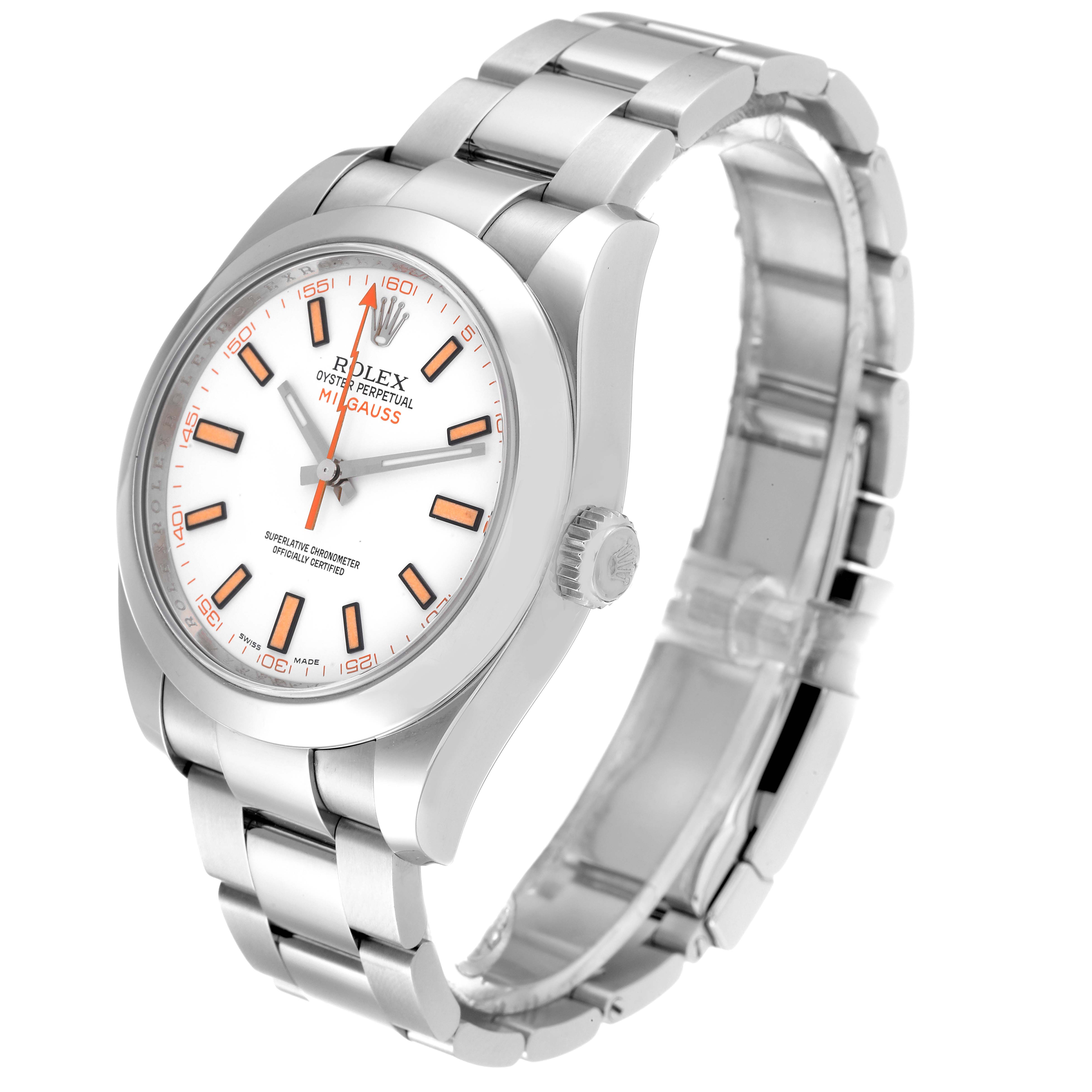 This image shows a Rolex Milgauss 116400 Men
s Stainless Steel White Dial 116400 Men
s Stainless Steel White Dial watch at a three-quarter angle, highlighting the dial, case, and stainless steel bracelet.