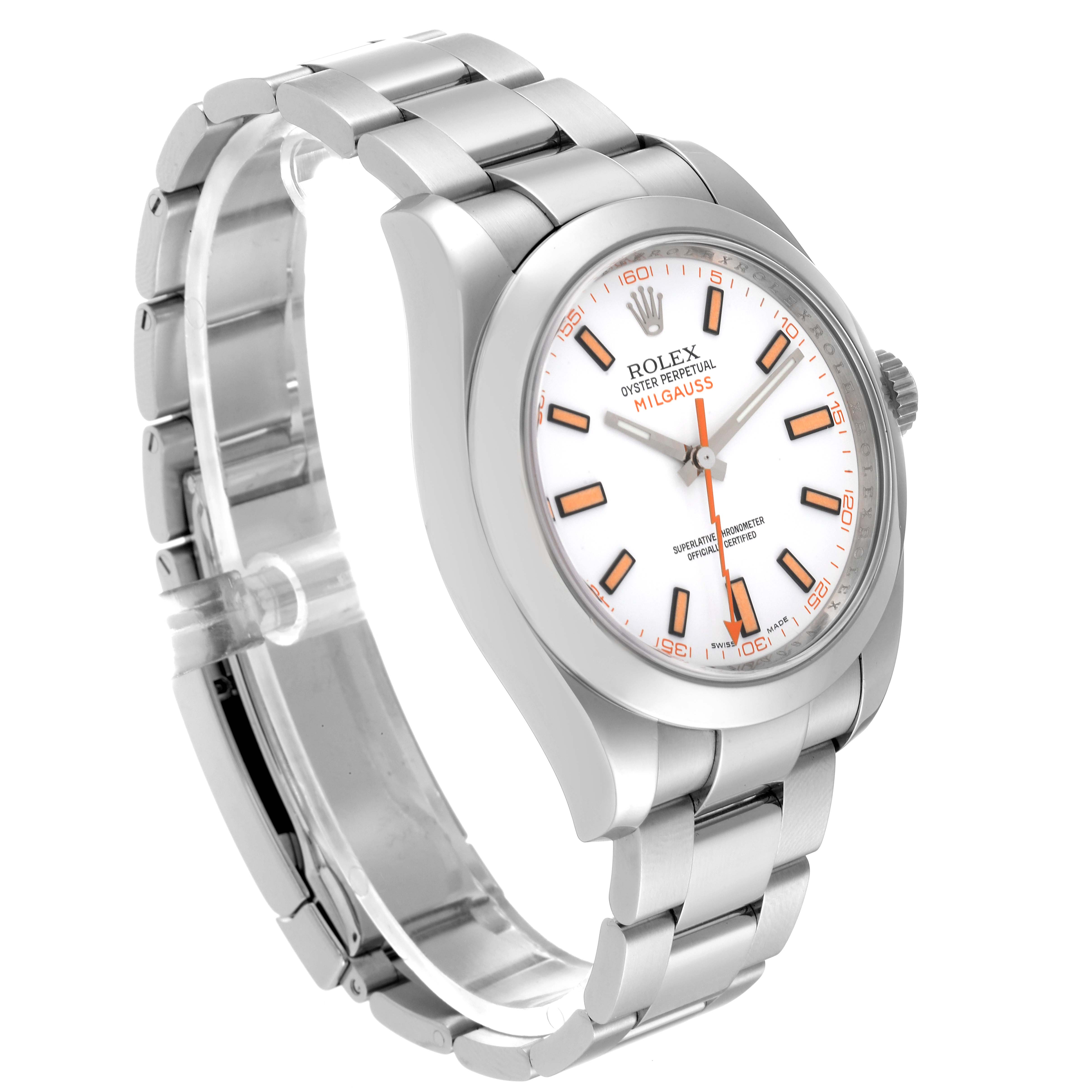 The image shows a Rolex Milgauss 116400 Men
s Stainless Steel White Dial 116400 Men
s Stainless Steel White Dial watch at a three-quarter angle, highlighting its face, bezel, and bracelet.