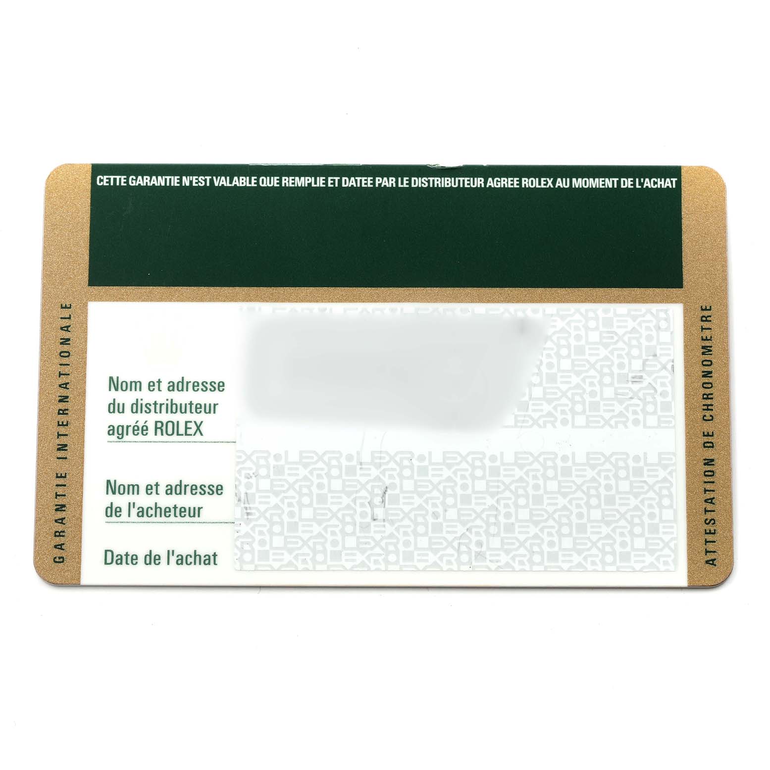 This image shows the warranty card for the Rolex Milgauss 116400 Men
s Stainless Steel White Dial 116400 Men
s Stainless Steel White Dial watch, with spaces for distributor and buyer information.