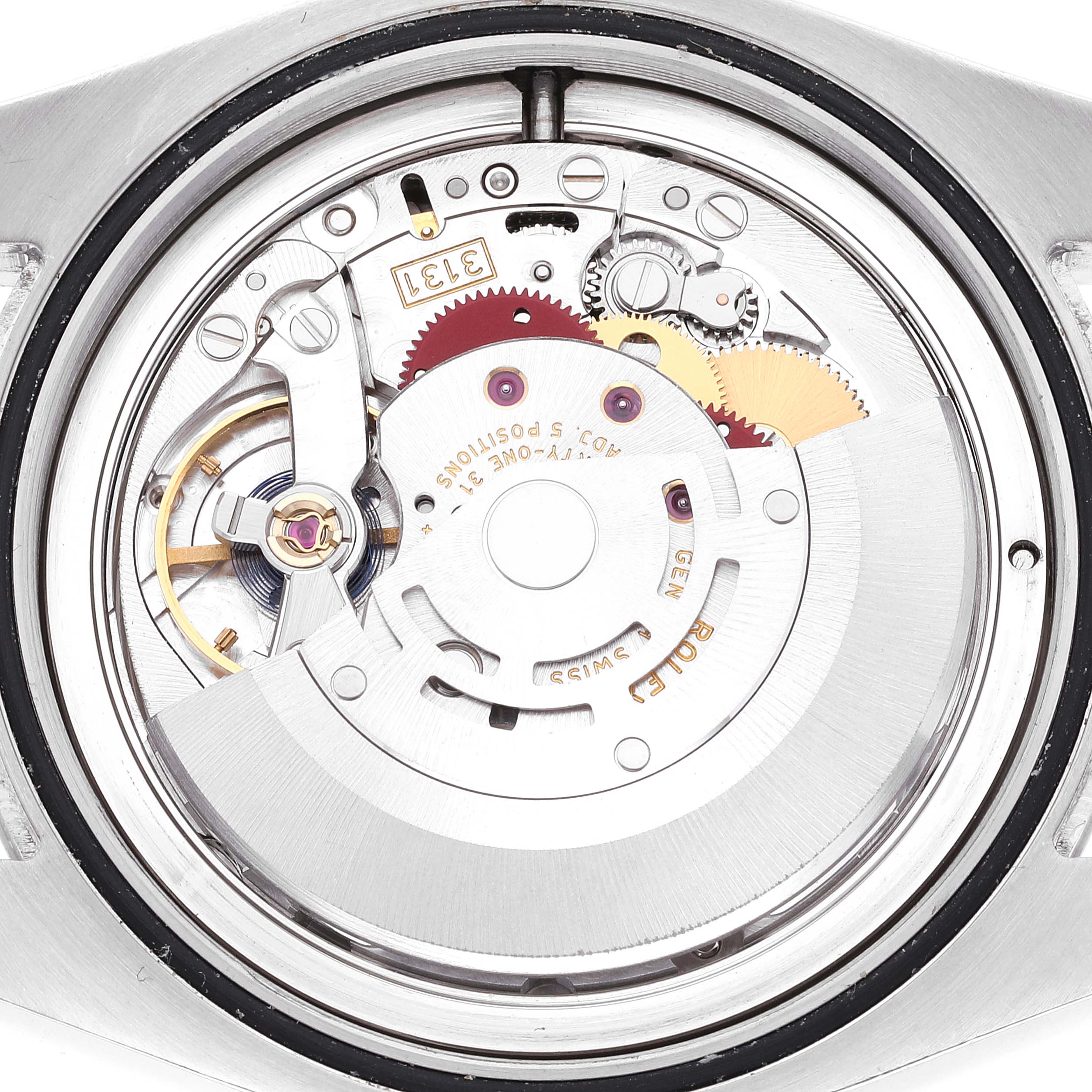 The image shows the back view of the Rolex Milgauss 116400 Men
s Stainless Steel White Dial 116400 Men
s Stainless Steel White Dial watch, highlighting its intricate internal mechanisms.