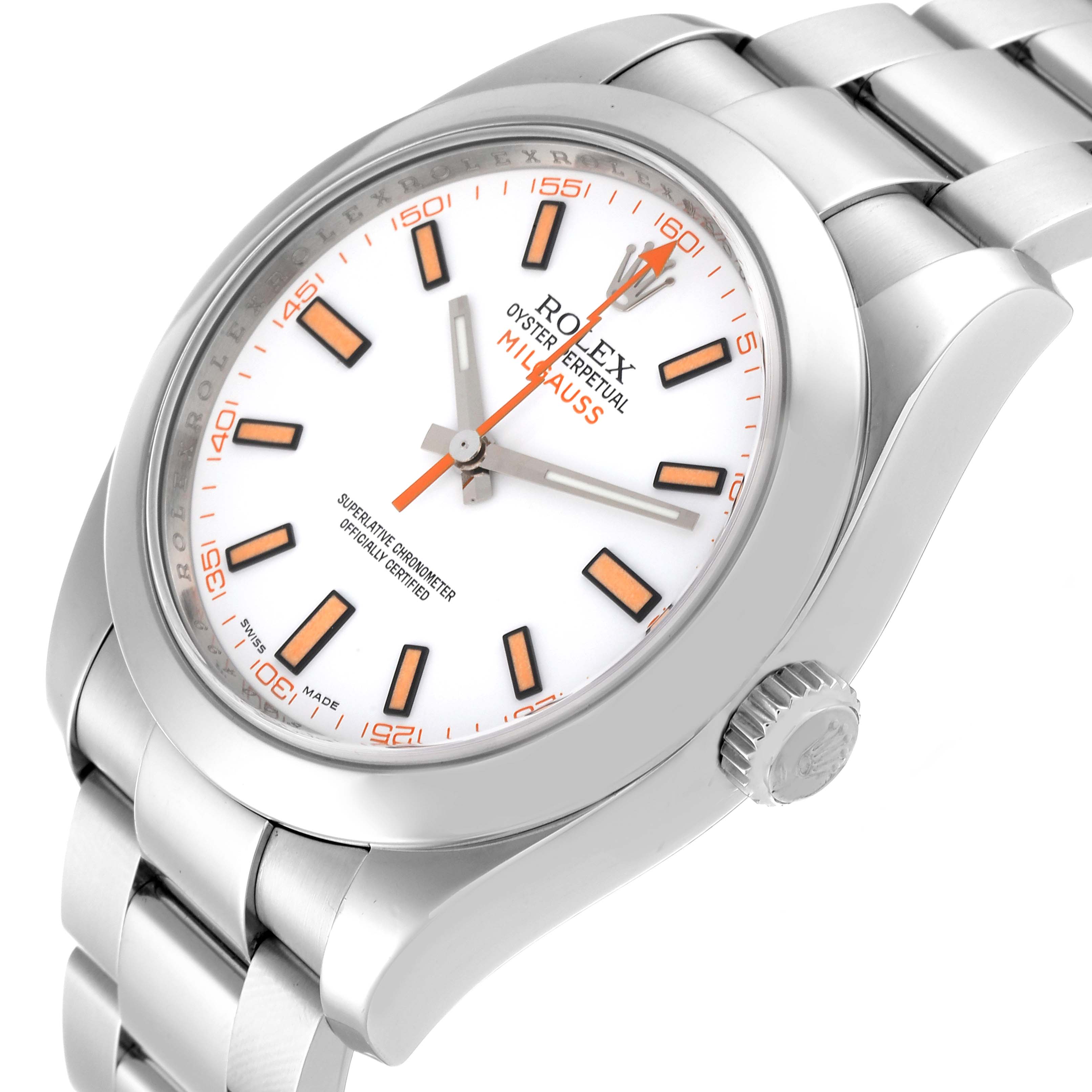 The image shows a close-up, angled view of the Rolex Milgauss 116400 Men
s Stainless Steel White Dial 116400 Men
s Stainless Steel White Dial watch face, crown, and part of the bracelet.