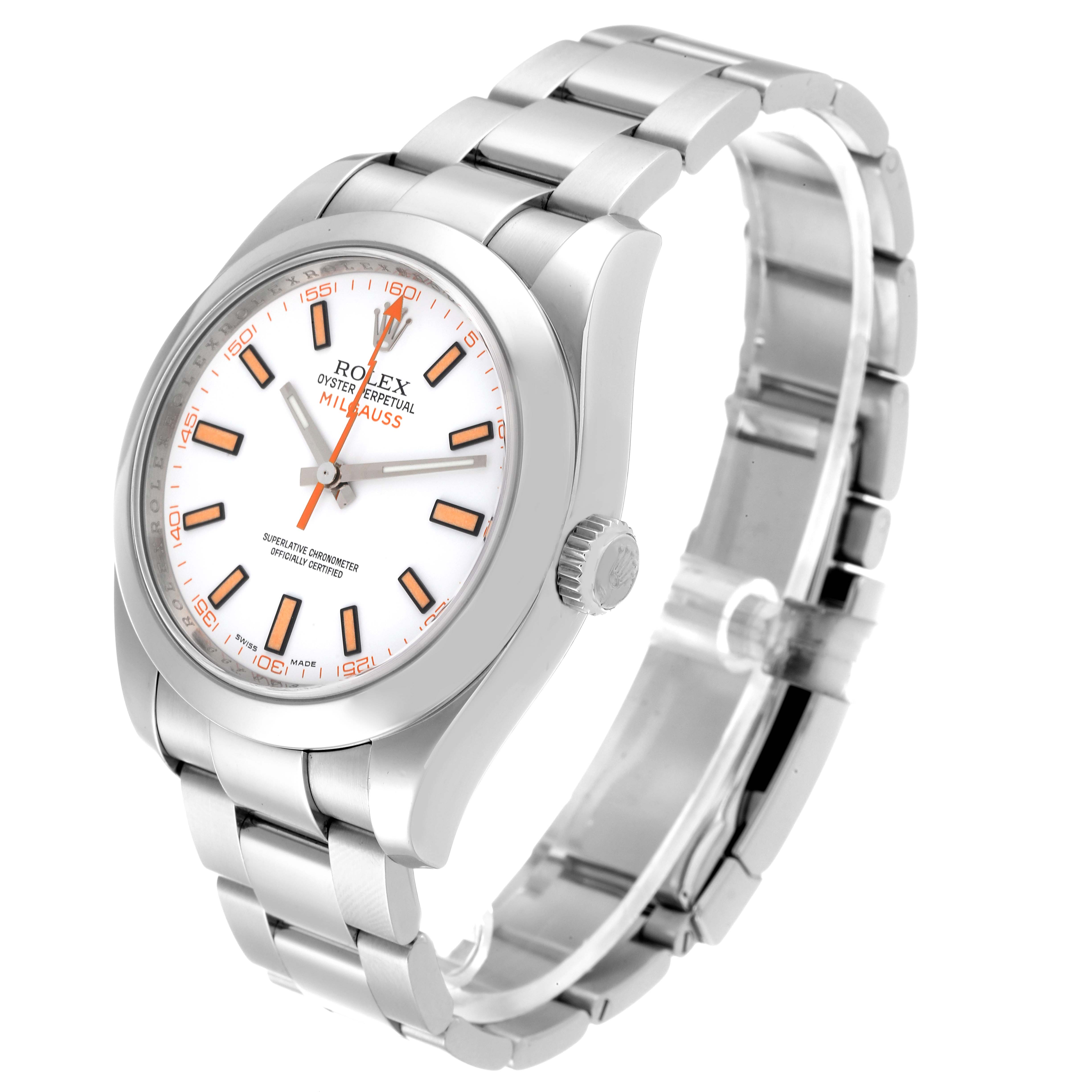 The Rolex Milgauss 116400 Men
s Stainless Steel White Dial 116400 Men
s Stainless Steel White Dial watch model is shown at a three-quarter angle, displaying its dial, case, crown, and bracelet.