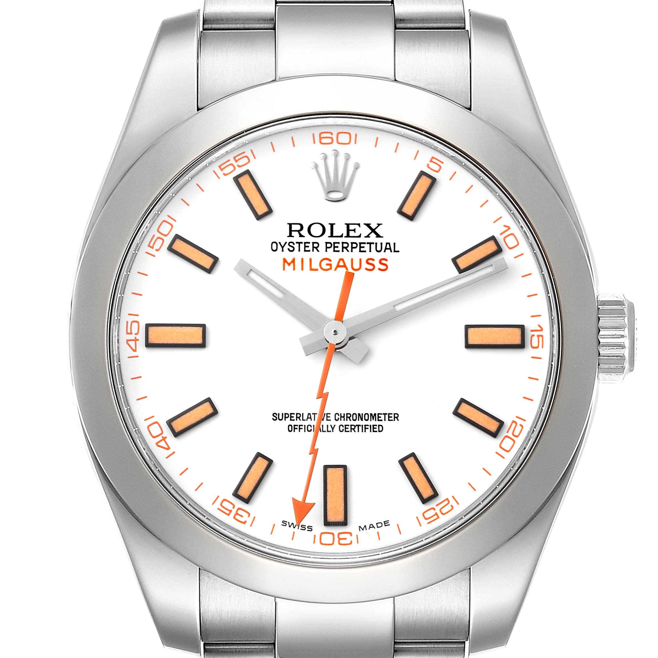 The image shows a front view of a Rolex Milgauss 116400 Men
s Stainless Steel White Dial 116400 Men
s Stainless Steel White Dial watch, highlighting the dial, hour markers, hands, and part of the bracelet.
