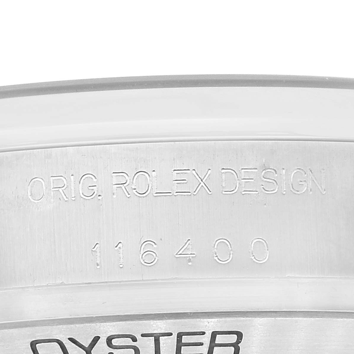 This close-up image shows the side of the case back of a Rolex Milgauss 116400 Men
s Stainless Steel White Dial 116400 Men
s Stainless Steel White Dial, displaying its model and design engravings.