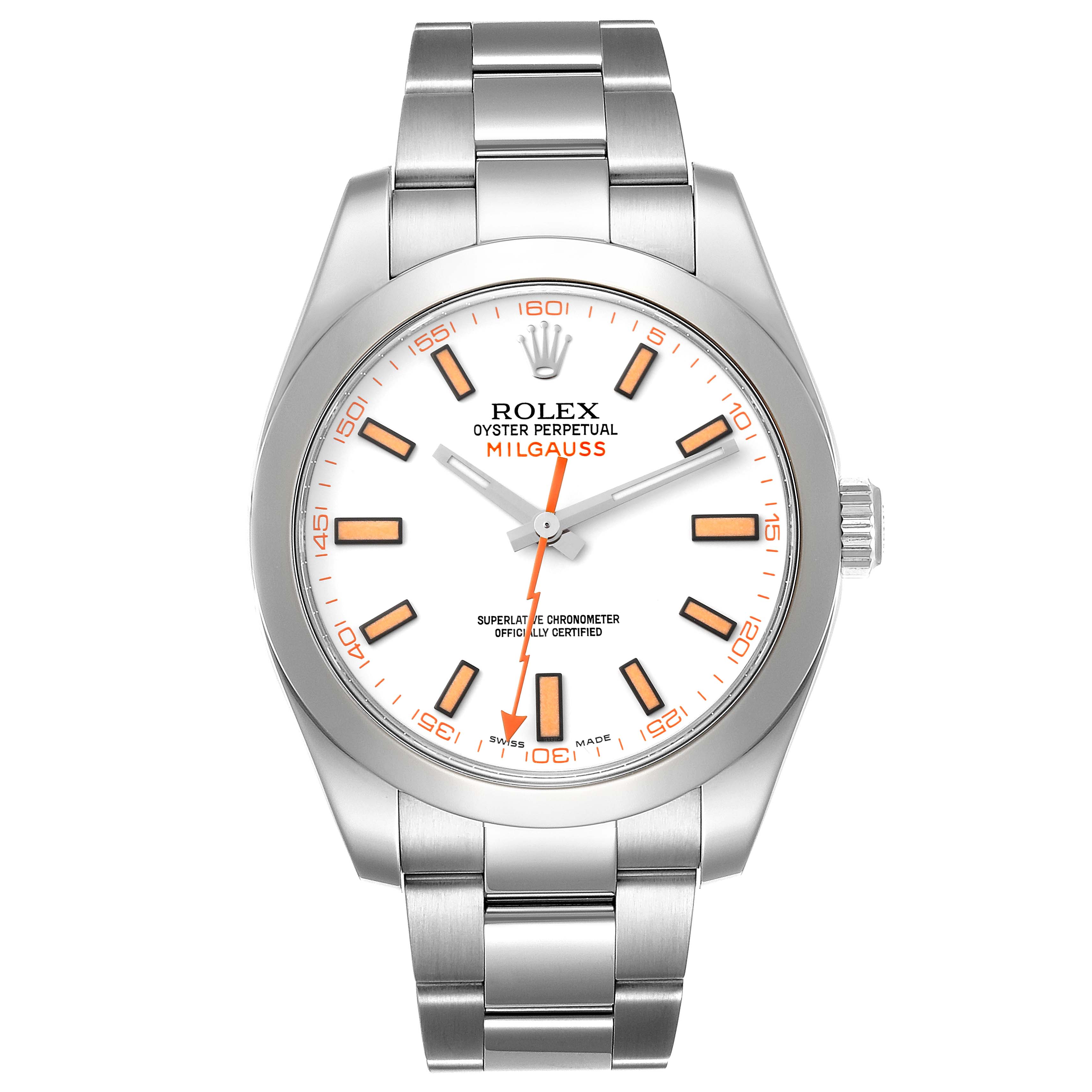The image shows a front view of a Rolex Milgauss 116400 Men
s Stainless Steel White Dial 116400 Men
s Stainless Steel White Dial watch, displaying its dial, hour markers, hands, and metal bracelet.