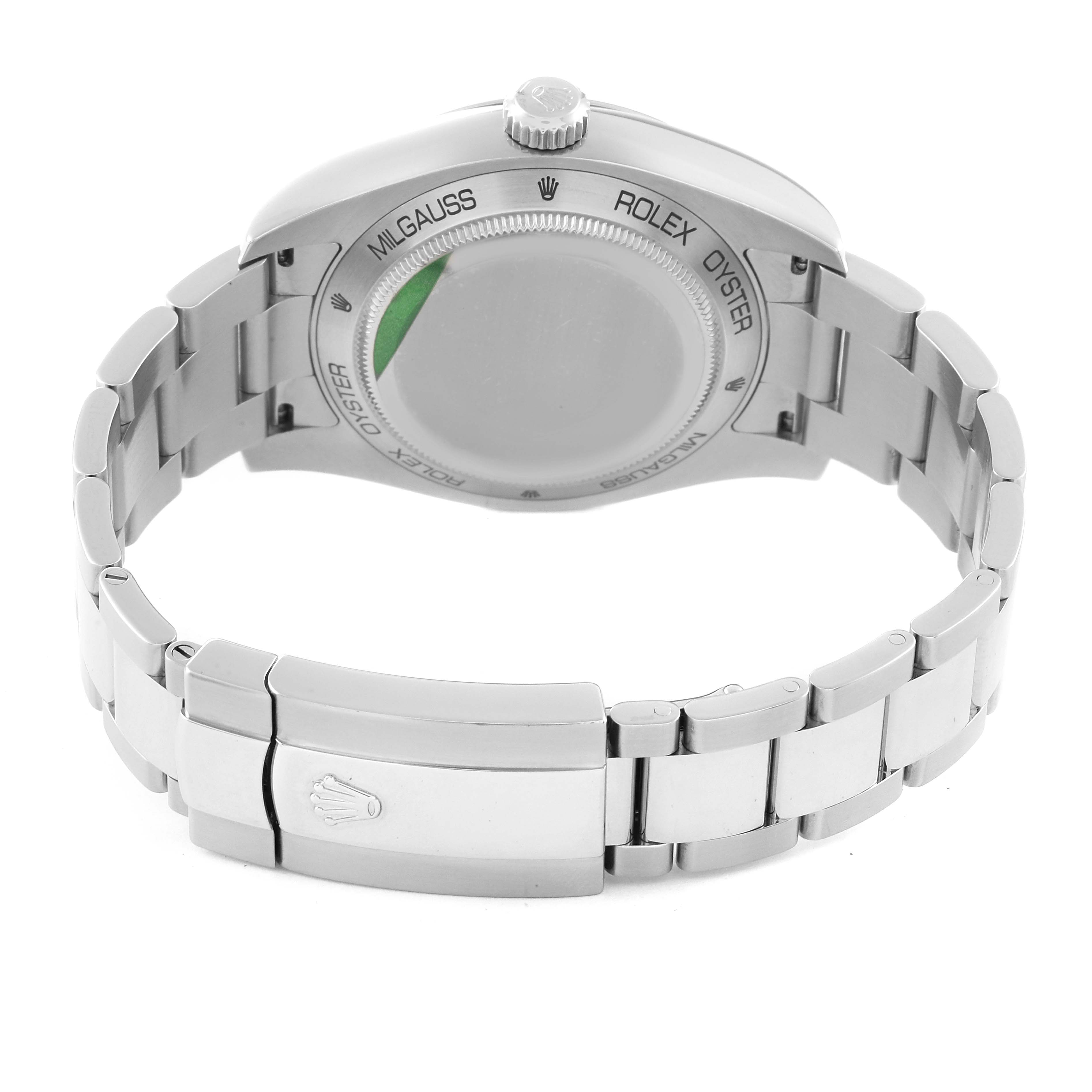 The image shows the back and bracelet clasp of the Rolex Milgauss 116400 Men
s Stainless Steel White Dial 116400 Men
s Stainless Steel White Dial watch in a straight view.