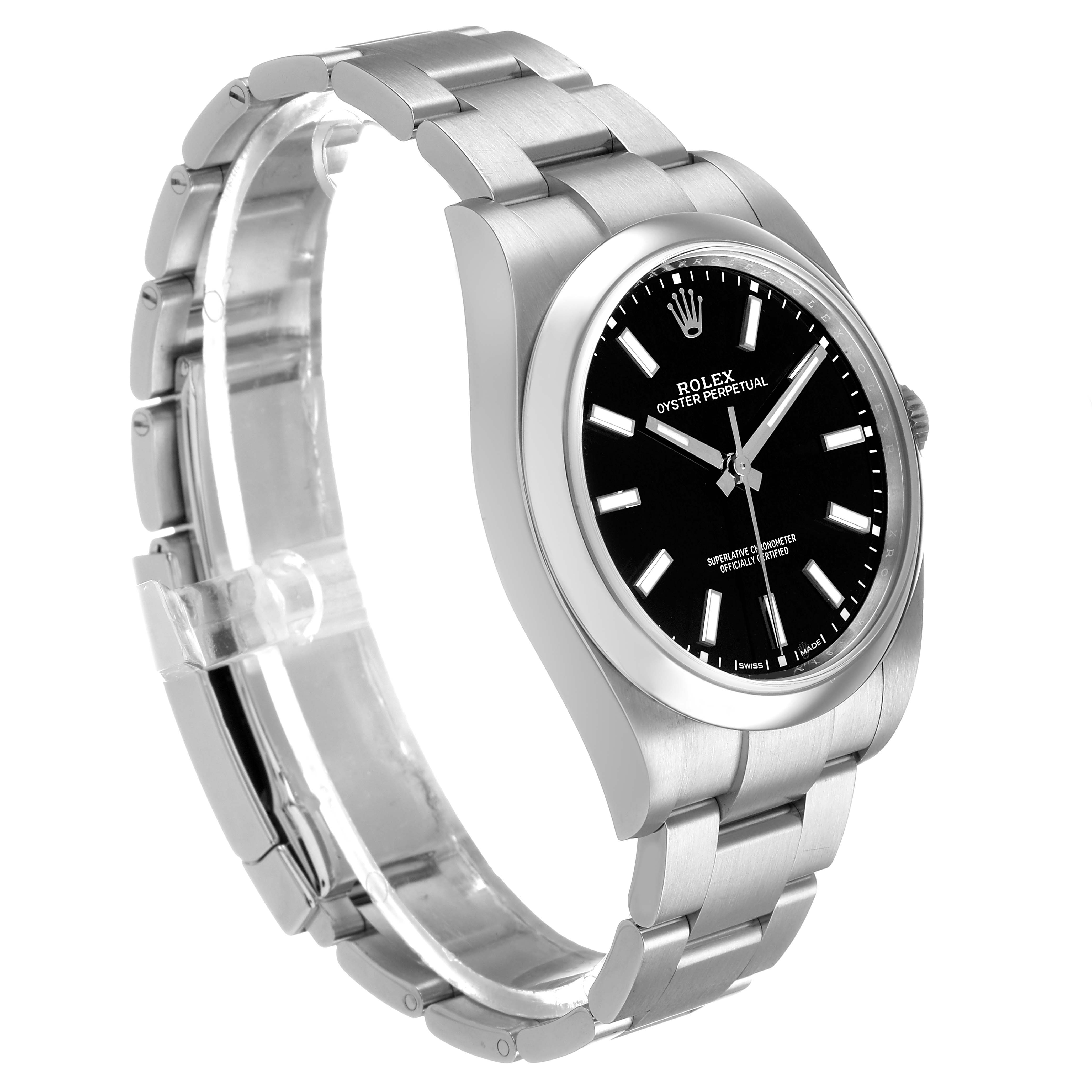 The Rolex Oyster Perpetual 114300 Men's Stainless Steel Black Dial watch is shown from a side angle, highlighting the bracelet, case, bezel, and dial.