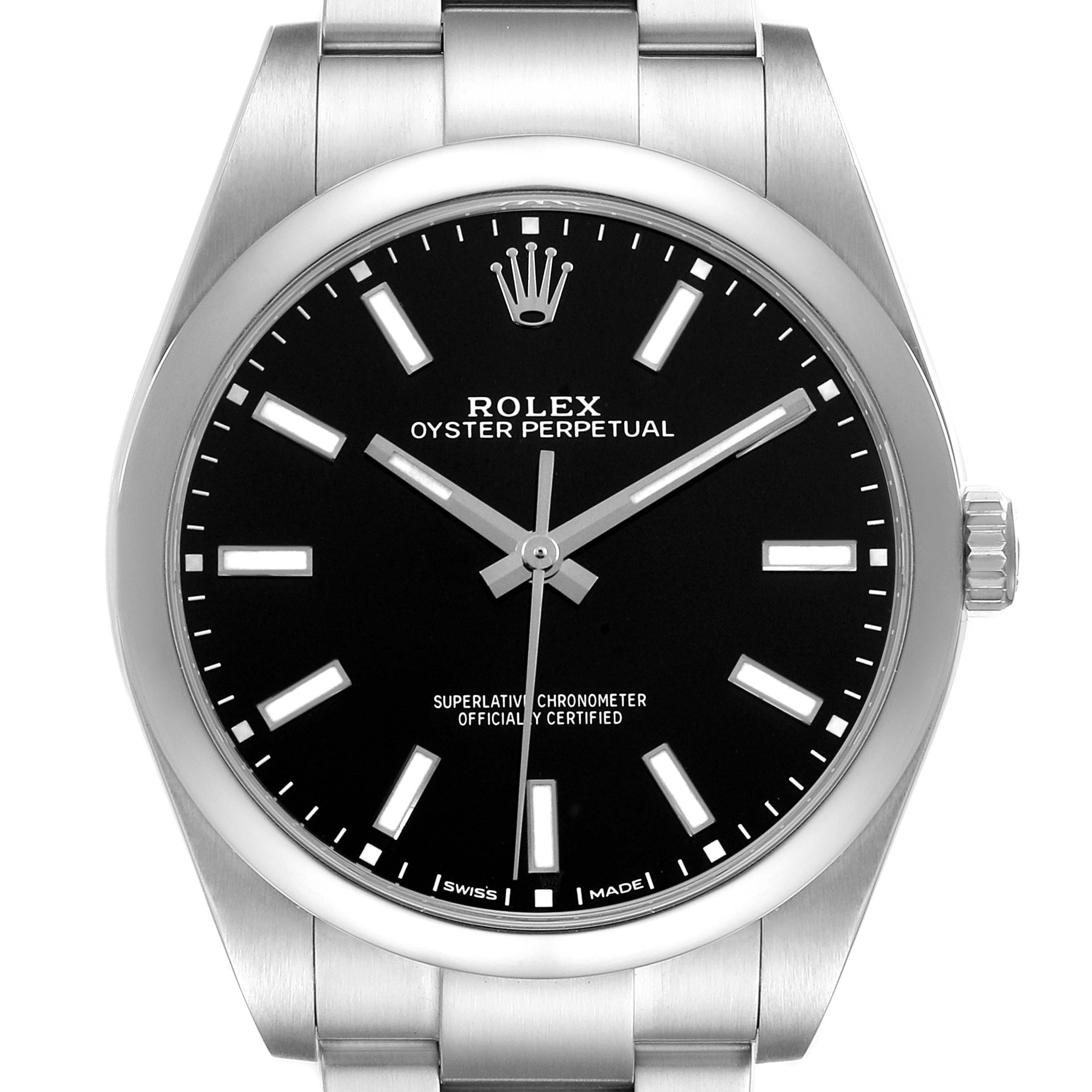 The Rolex Oyster Perpetual 114300 Men's Stainless Steel Black Dial watch is shown from a front angle, highlighting the dial, bezel, and part of the bracelet.
