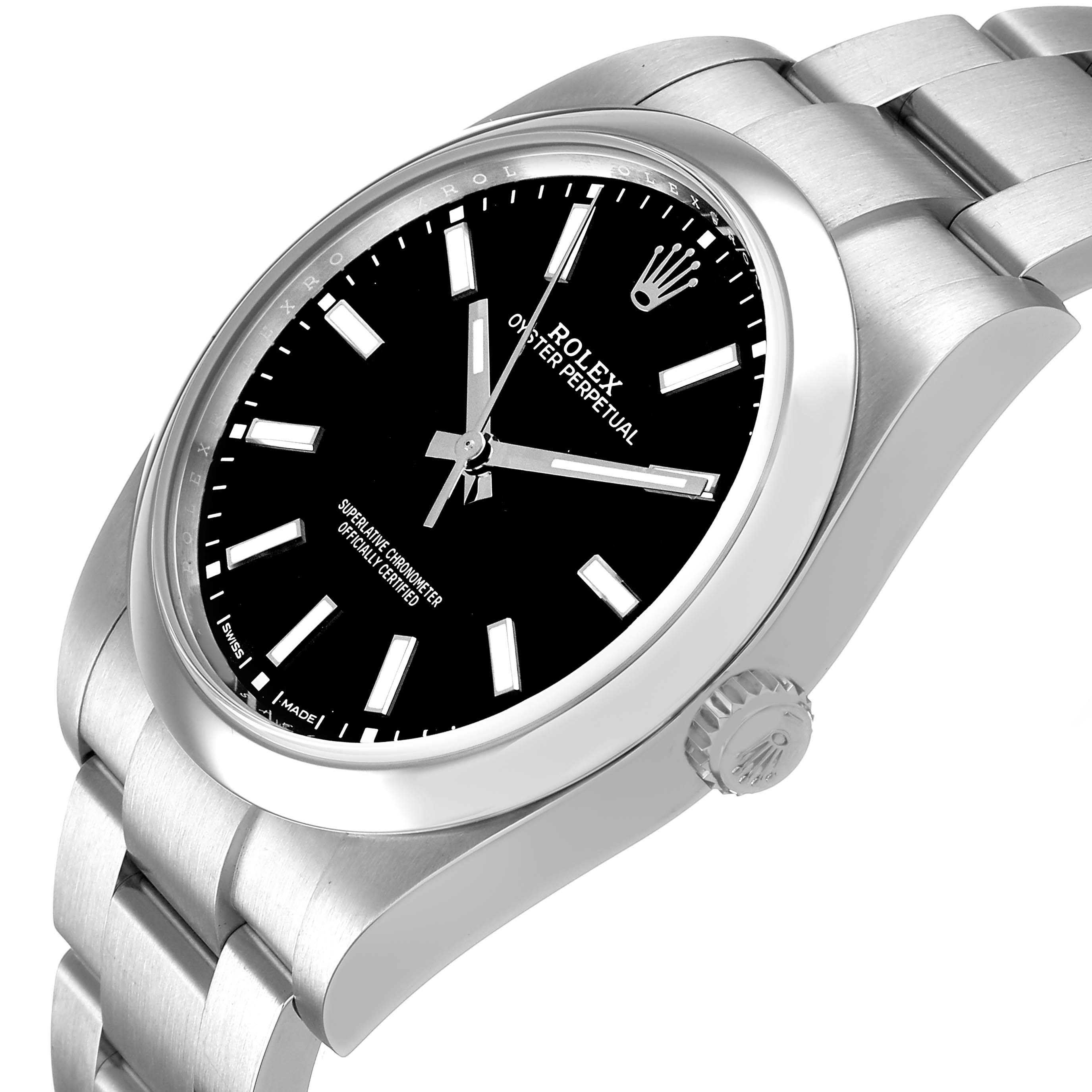 The Rolex Oyster Perpetual 114300 Men's Stainless Steel Black Dial watch is shown from a side angle highlighting the case, dial, and part of the bracelet.