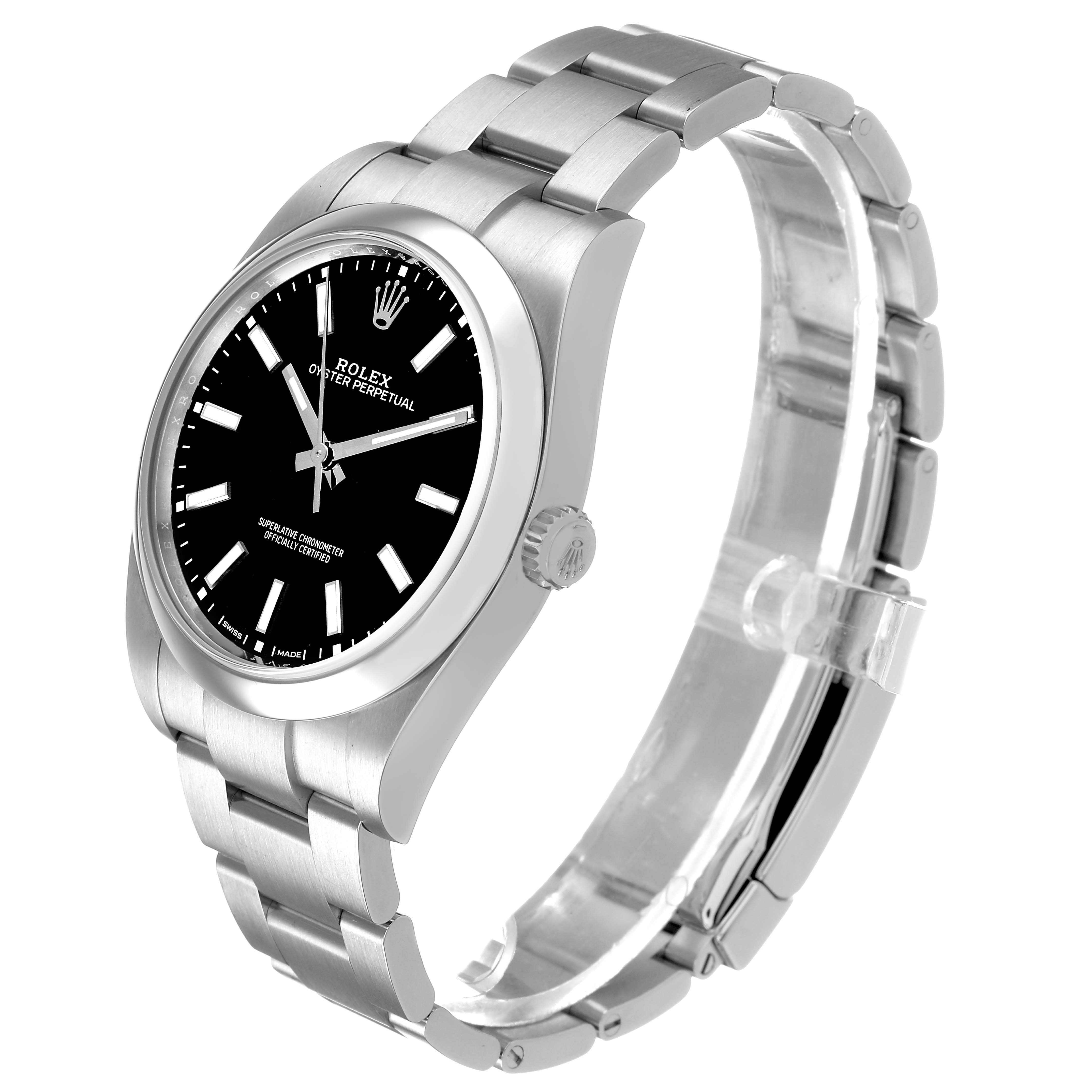 The image shows the Rolex Oyster Perpetual 114300 Men's Stainless Steel Black Dial watch angled from the side, showcasing its face, bezel, case, crown, and part of the bracelet.