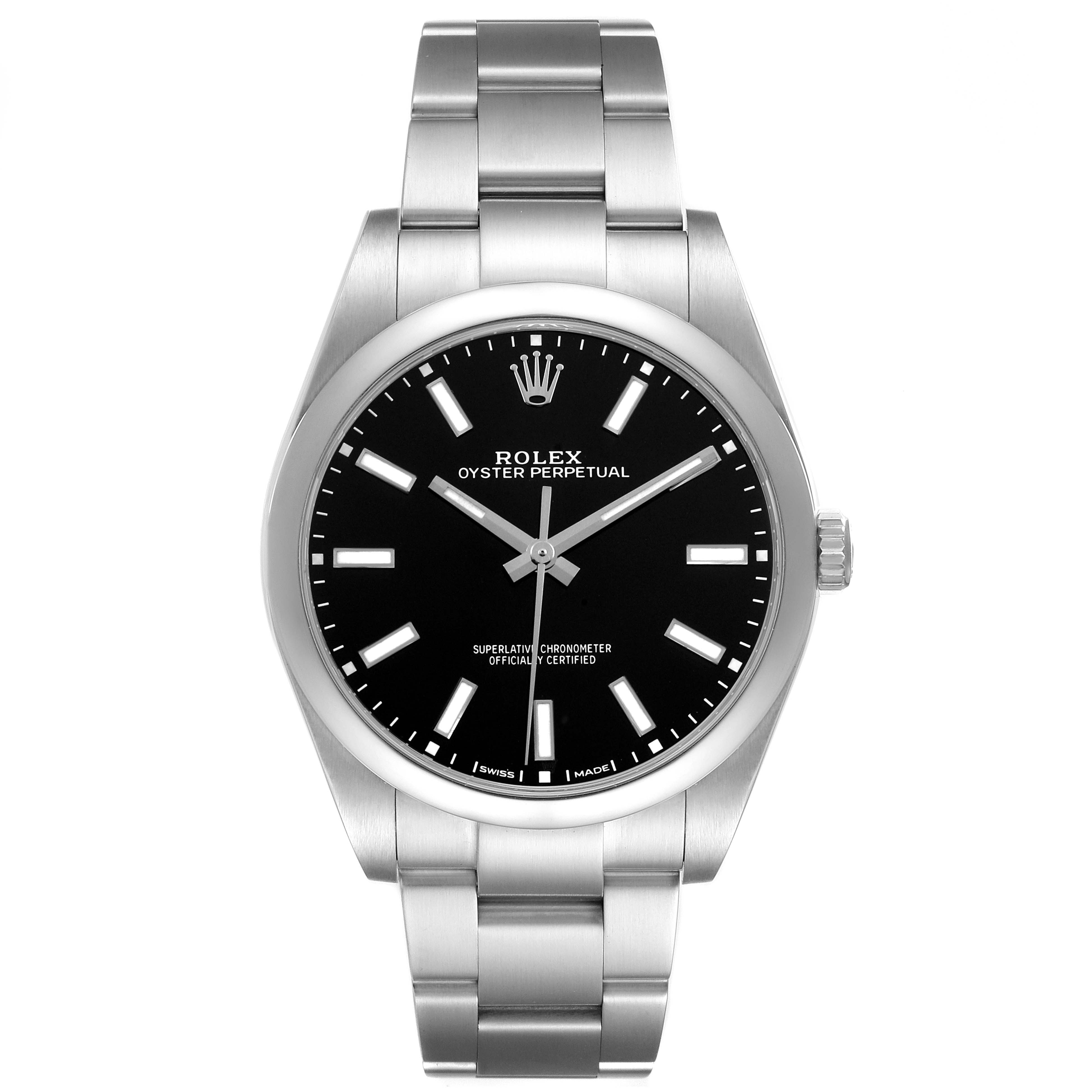 The Rolex Oyster Perpetual 114300 Men's Stainless Steel Black Dial watch is shown from the front, displaying the entire face and bracelet.