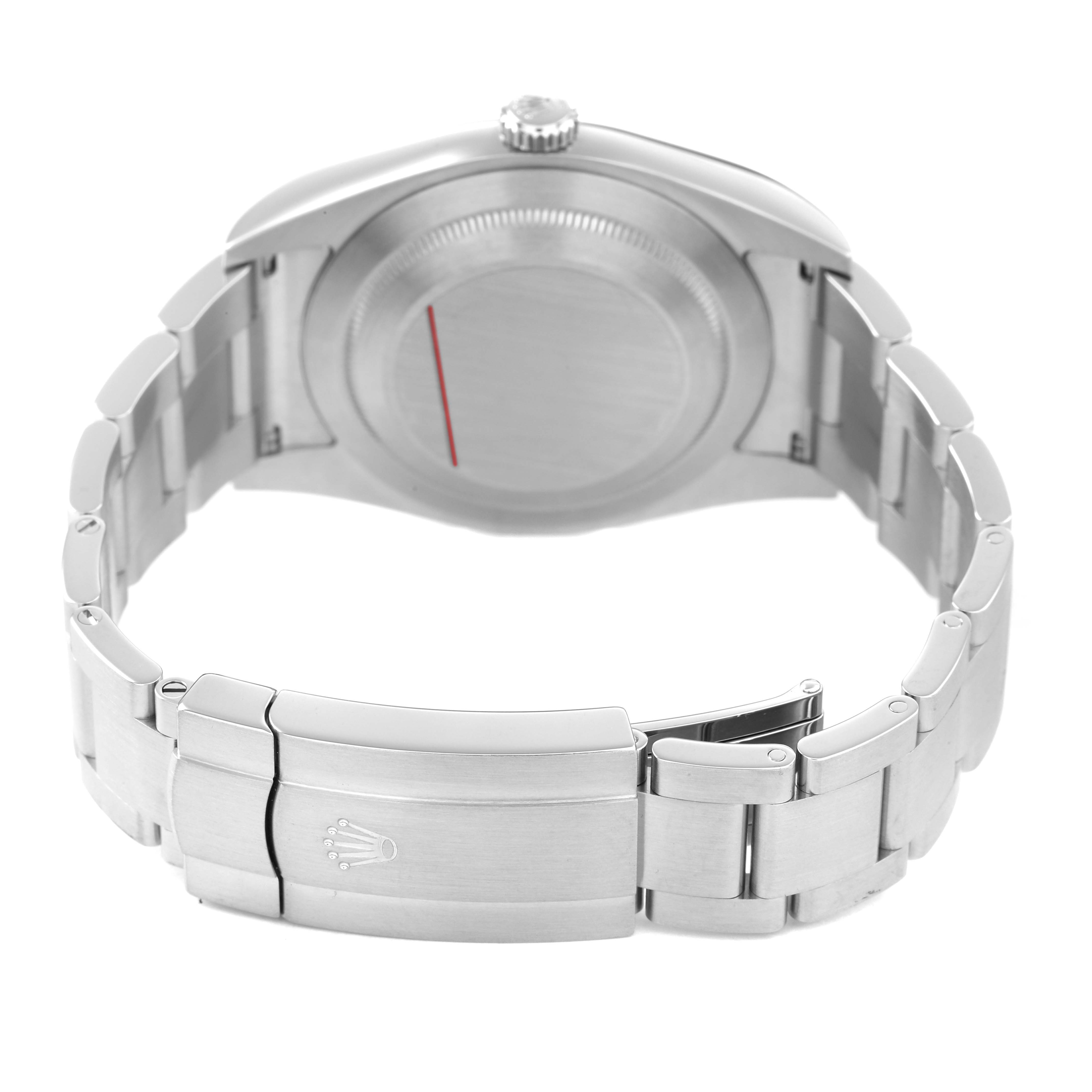 The image shows the back view and clasp of the Rolex Oyster Perpetual 114300 Men's Stainless Steel Black Dial watch, highlighting the bracelet and case back.