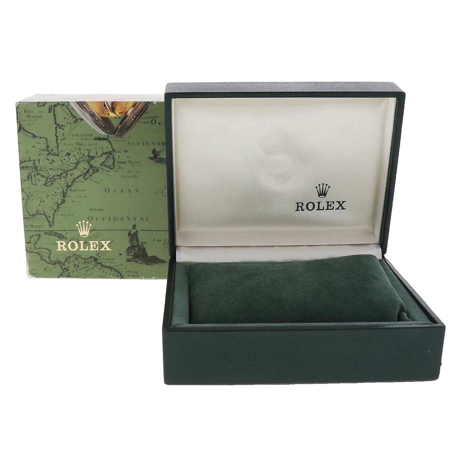 The image shows an open watch box and outer packaging for a Rolex Oyster Perpetual 67193 Women
s Steel and Gold (two tone) Champagne Dial 67193 Women
s Steel and Gold (two tone) Champagne Dial, displaying the brand name and logo.