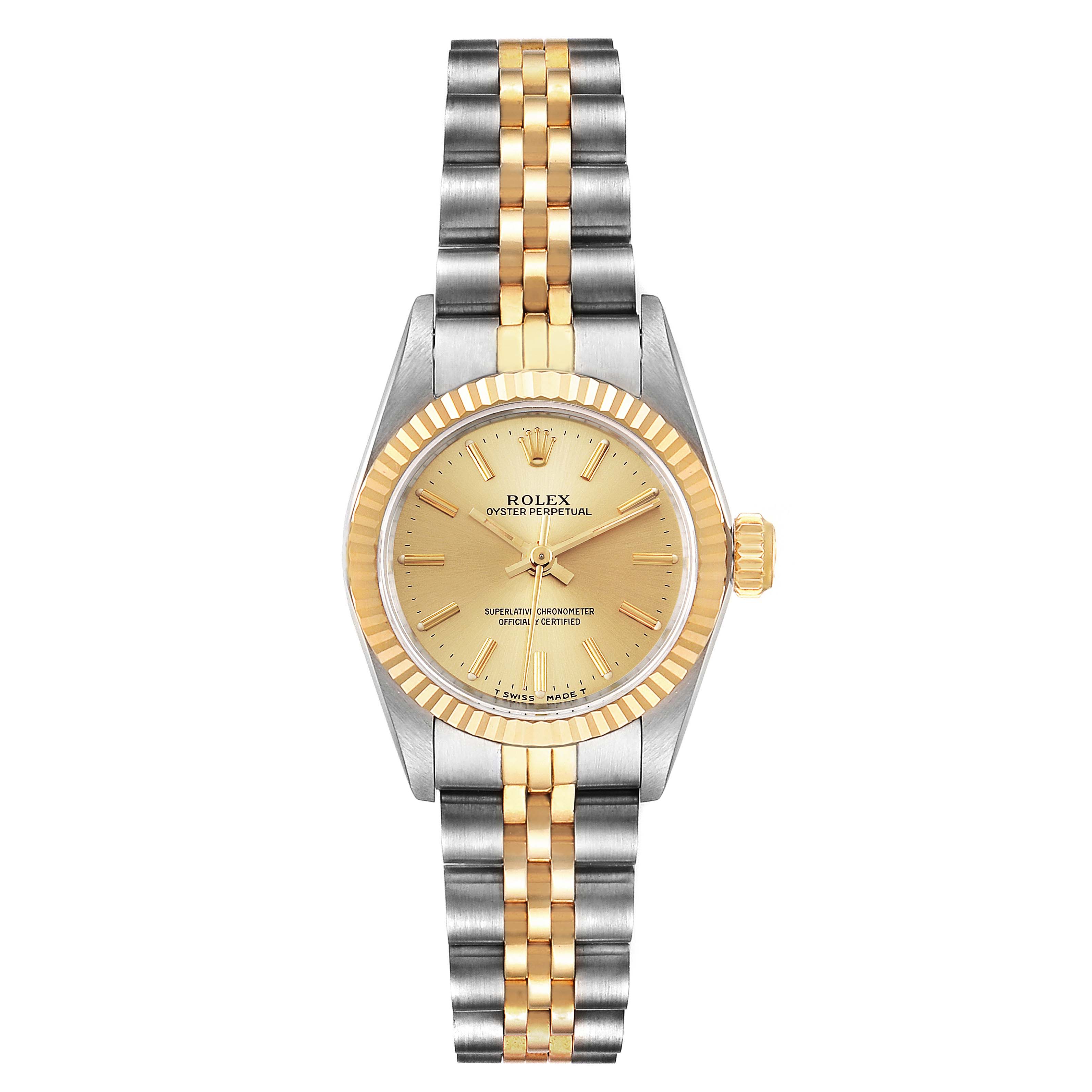 The image shows a front view of a Rolex Oyster Perpetual 67193 Women
s Steel and Gold (two tone) Champagne Dial 67193 Women
s Steel and Gold (two tone) Champagne Dial watch with a gold and silver two-tone bracelet.