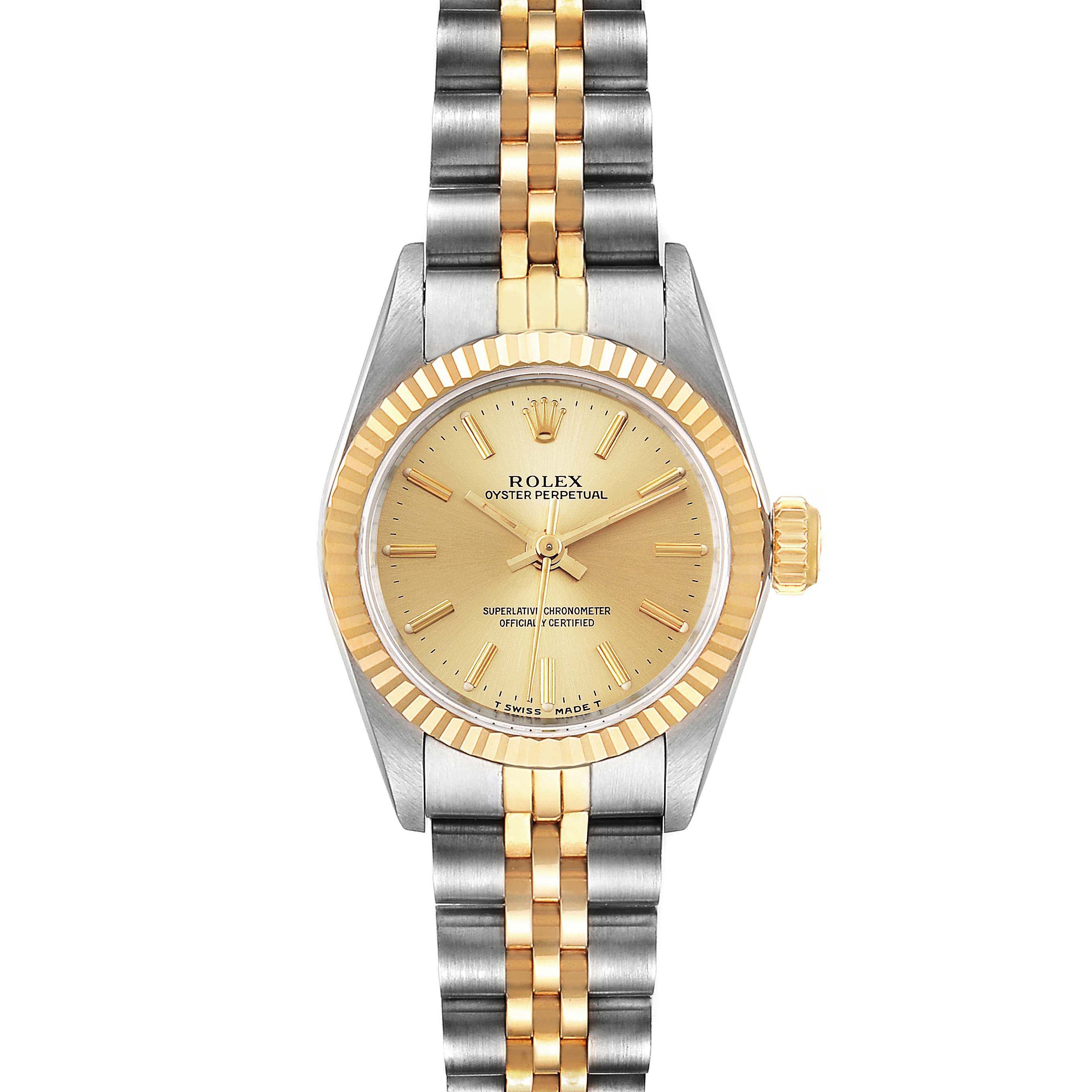 This image shows a Rolex Oyster Perpetual 67193 Women
s Steel and Gold (two tone) Champagne Dial 67193 Women
s Steel and Gold (two tone) Champagne Dial watch from the front, highlighting the dial, bezel, crown, and bracelet.
