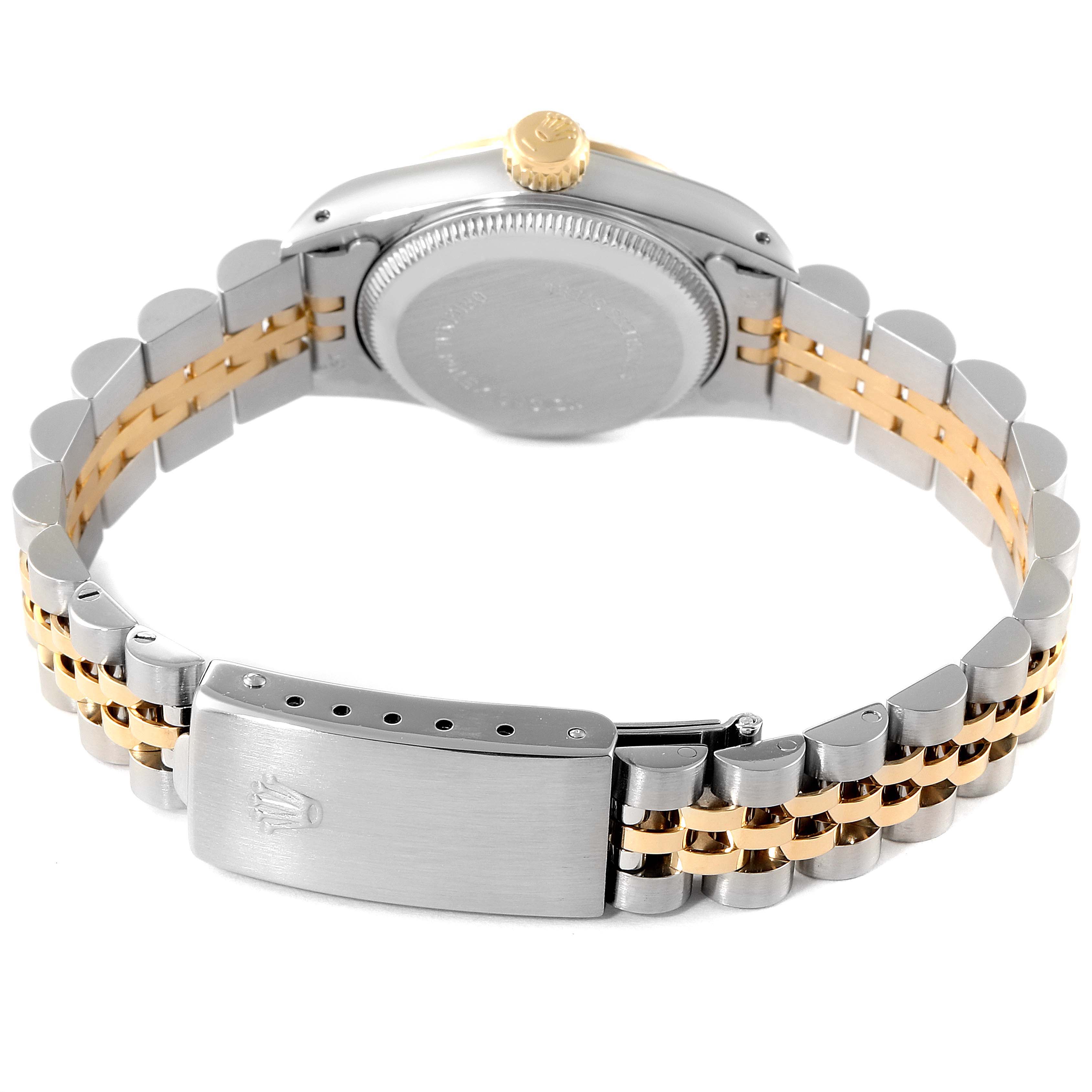The watch shown is a Rolex Oyster Perpetual 67193 Women
s Steel and Gold (two tone) Champagne Dial 67193 Women
s Steel and Gold (two tone) Champagne Dial with a two-tone bracelet, clasp, and case back displayed from the back angle.