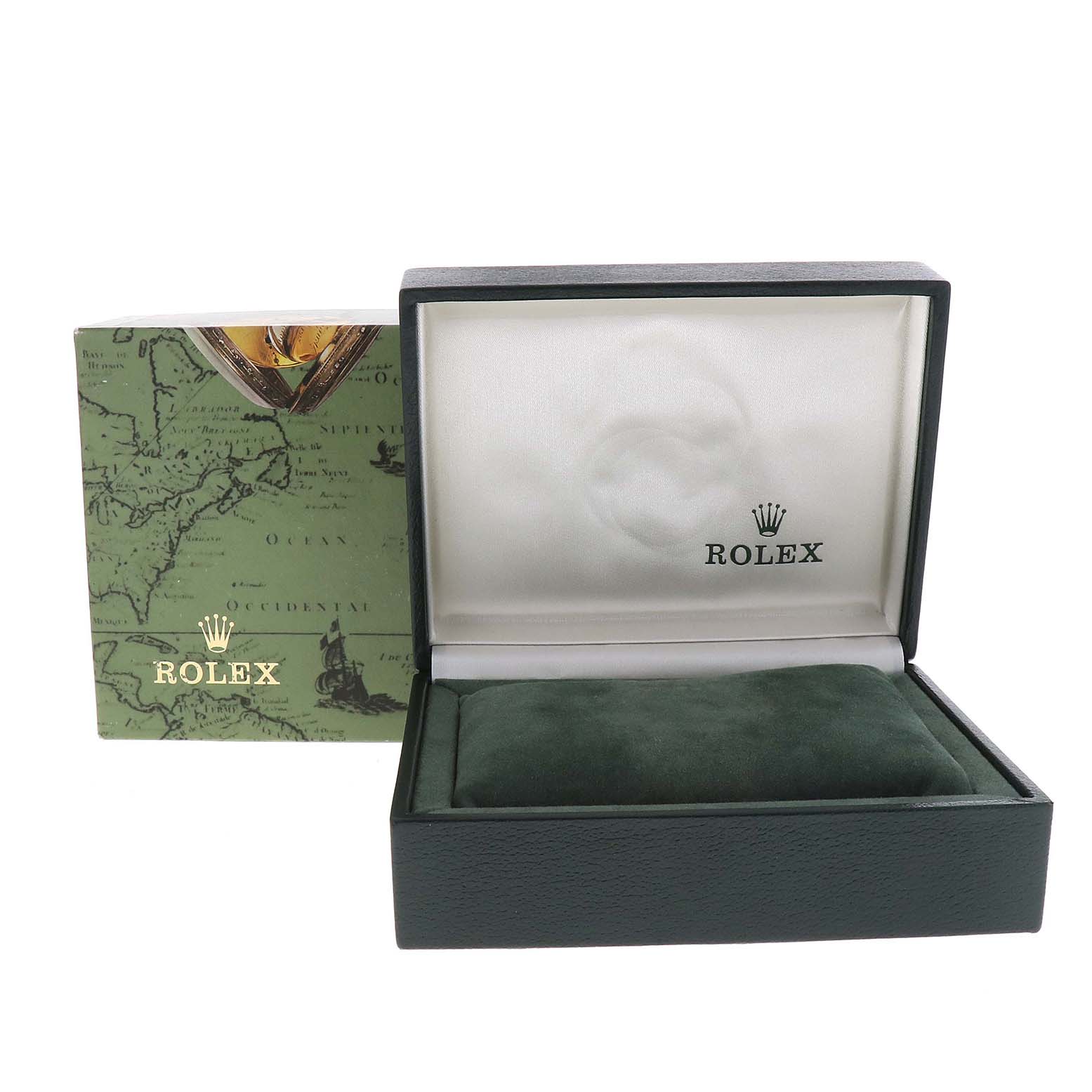 The image shows an open Rolex box and cover for the Oyster Perpetual model, displaying the interior cushion and exterior packaging.