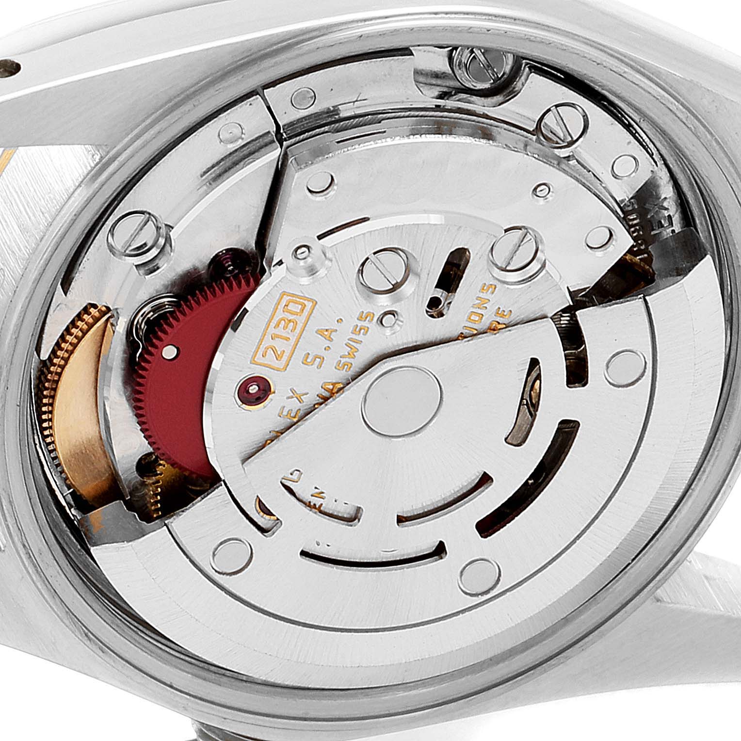 This image shows a close-up view of the movement mechanism inside the Rolex Oyster Perpetual 67193 Women
s Steel and Gold (two tone) Champagne Dial 67193 Women
s Steel and Gold (two tone) Champagne Dial watch.