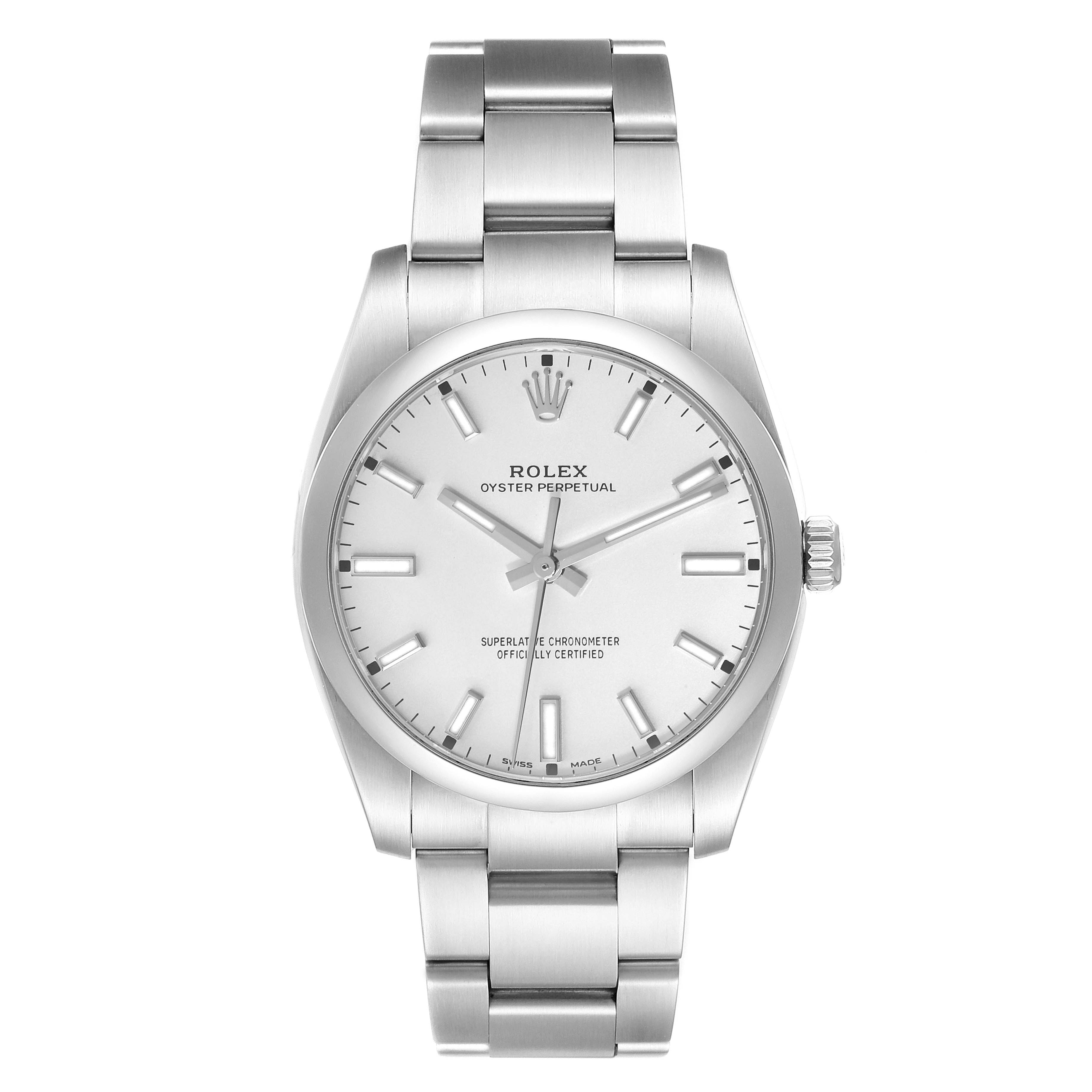 The image shows a front view of a Rolex Oyster Perpetual 114200 Men
s Stainless Steel Silver Dial 114200 Men
s Stainless Steel Silver Dial watch, displaying its dial, case, and bracelet.