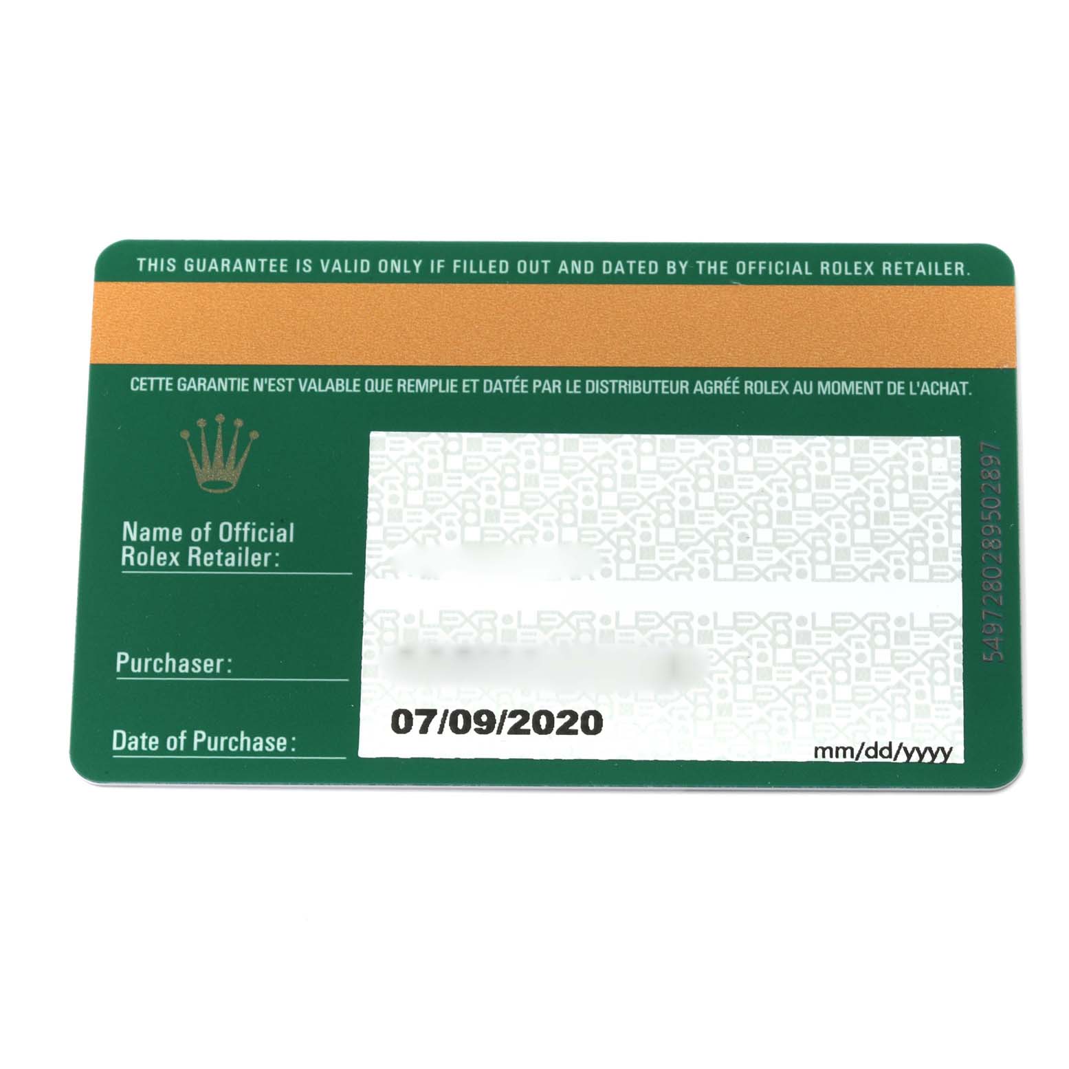 The image shows a warranty card for the Rolex Oyster Perpetual 114200 Men
s Stainless Steel Silver Dial 114200 Men
s Stainless Steel Silver Dial model, detailing the purchase date and retail information.