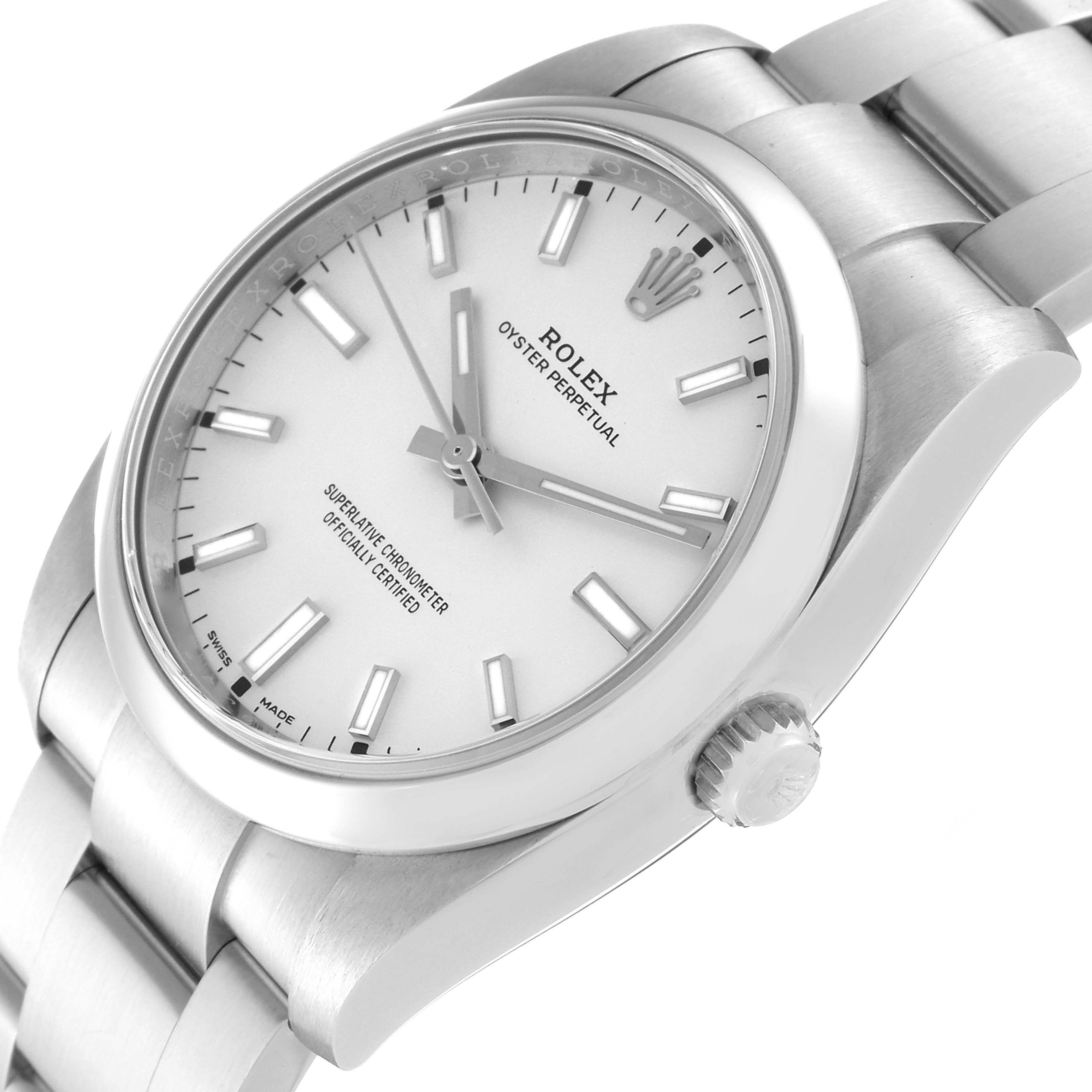The image shows a close-up of the Rolex Oyster Perpetual 114200 Men
s Stainless Steel Silver Dial 114200 Men
s Stainless Steel Silver Dial watch from an angled perspective, highlighting the dial, crown, and part of the bracelet.