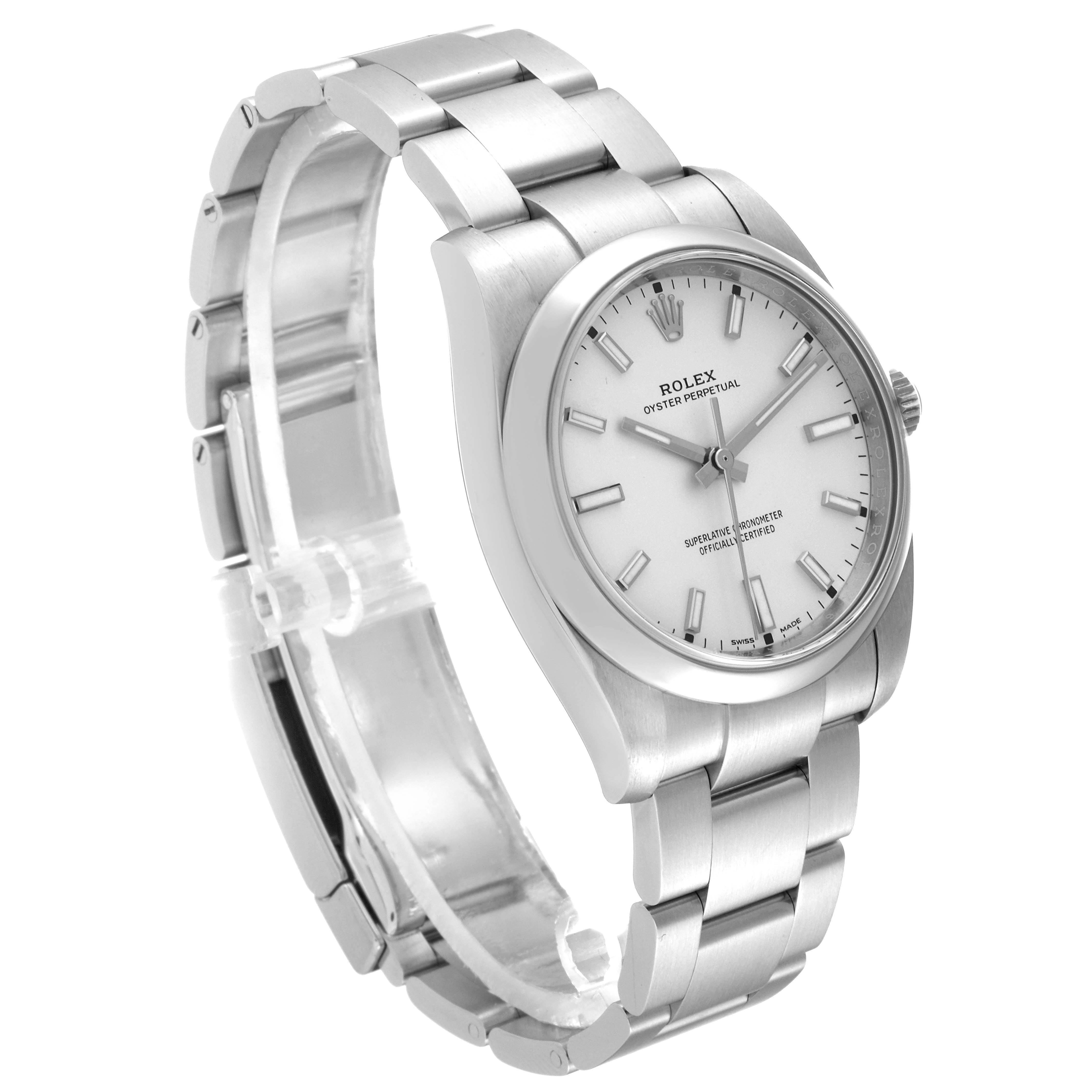 This image showcases a Rolex Oyster Perpetual 114200 Men
s Stainless Steel Silver Dial 114200 Men
s Stainless Steel Silver Dial watch at a slight left-side angle, highlighting the dial, bracelet, and clasp.