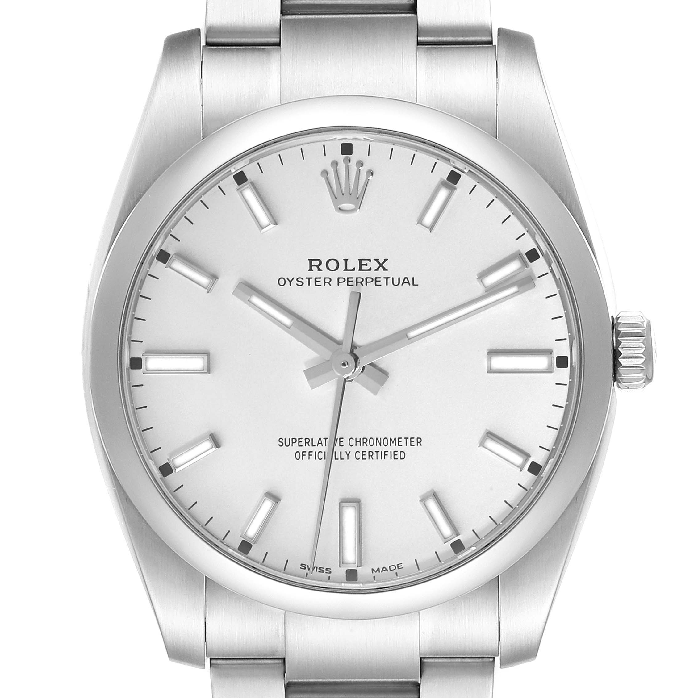 The image shows a front view of the Rolex Oyster Perpetual 114200 Men
s Stainless Steel Silver Dial 114200 Men
s Stainless Steel Silver Dial watch, including the dial, hands, crown, and part of the bracelet.