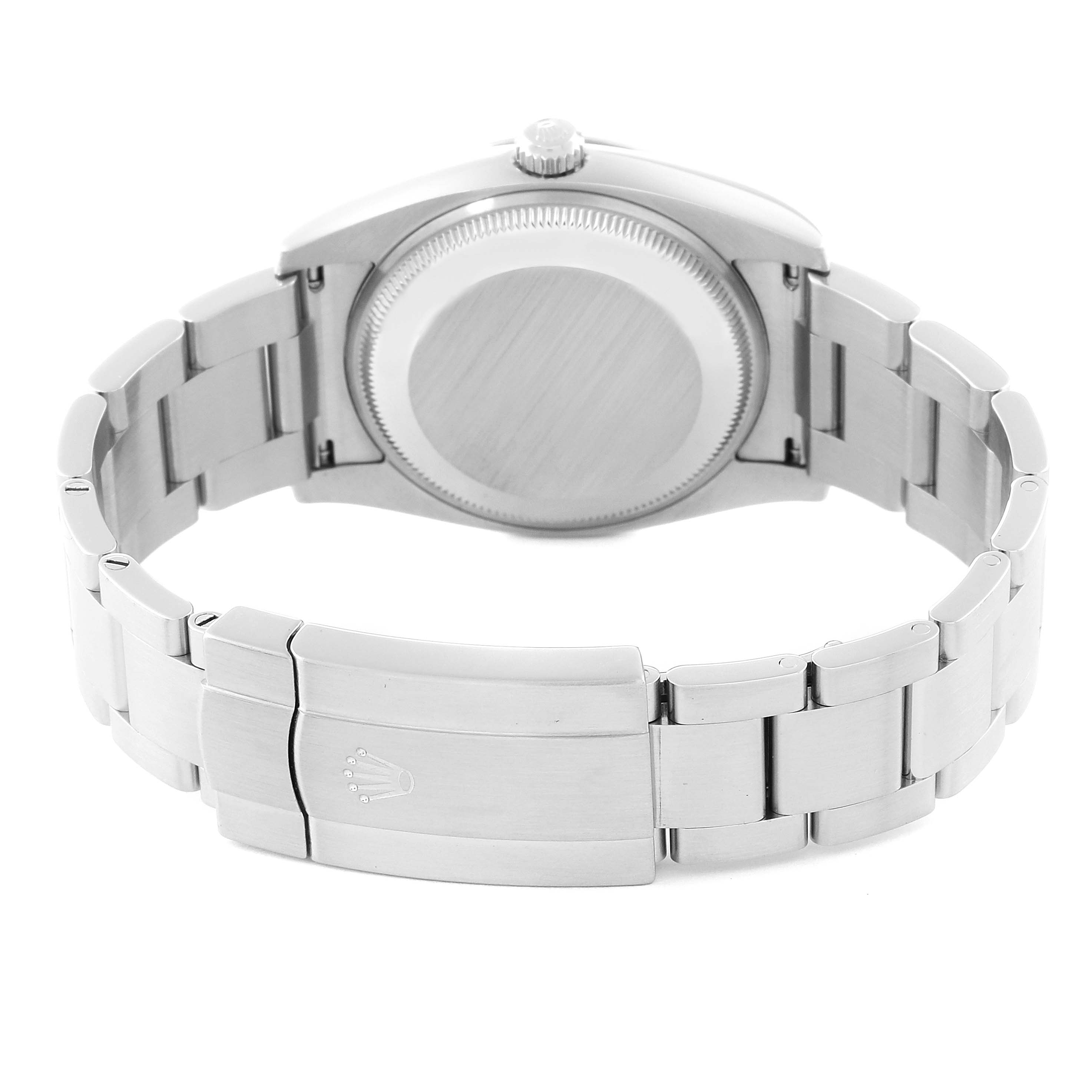 This image shows the back case and bracelet clasp of a Rolex Oyster Perpetual 114200 Men
s Stainless Steel Silver Dial 114200 Men
s Stainless Steel Silver Dial watch.