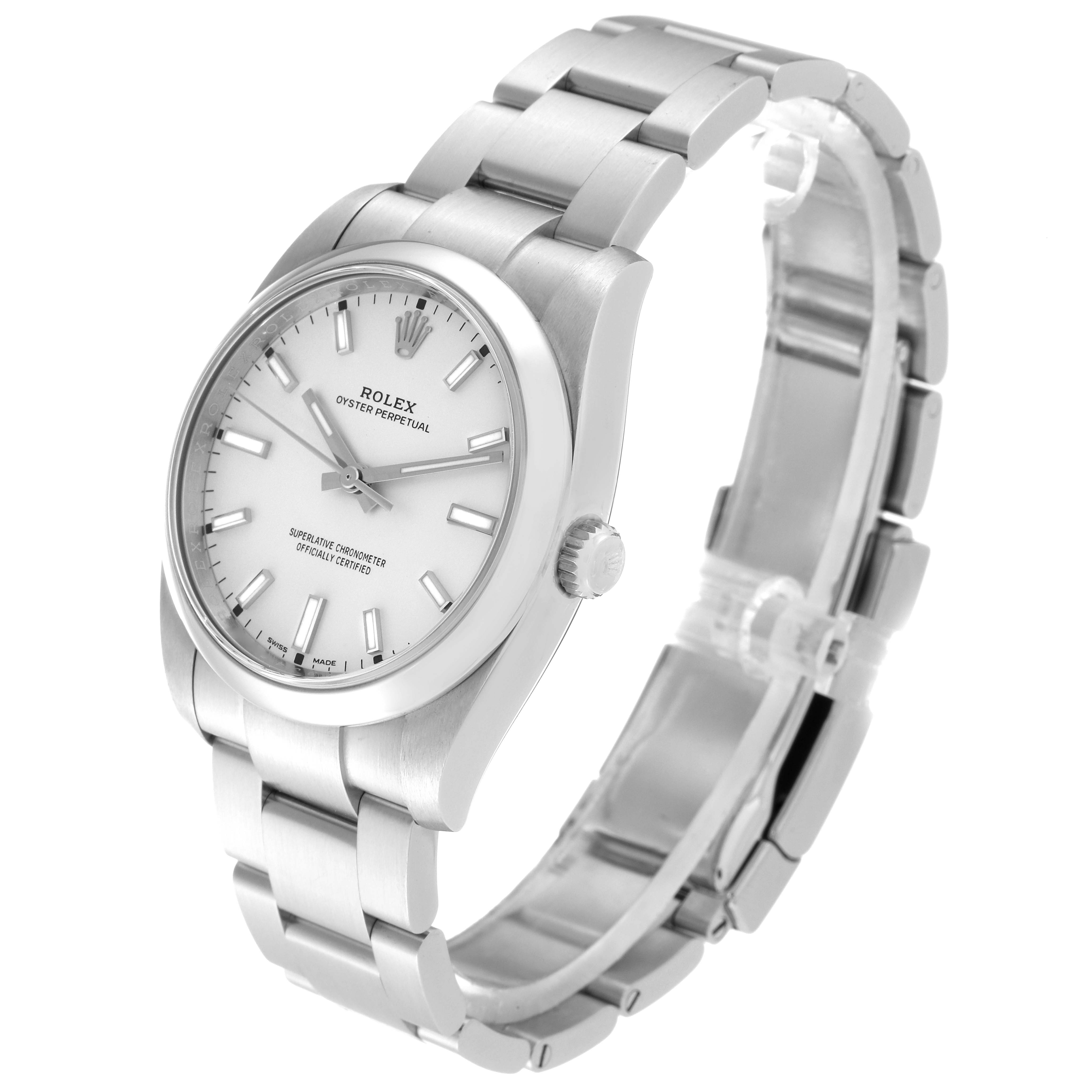 The Rolex Oyster Perpetual 114200 Men
s Stainless Steel Silver Dial 114200 Men
s Stainless Steel Silver Dial model is shown at a slight angle, highlighting the face, dial, crown, and metal bracelet.