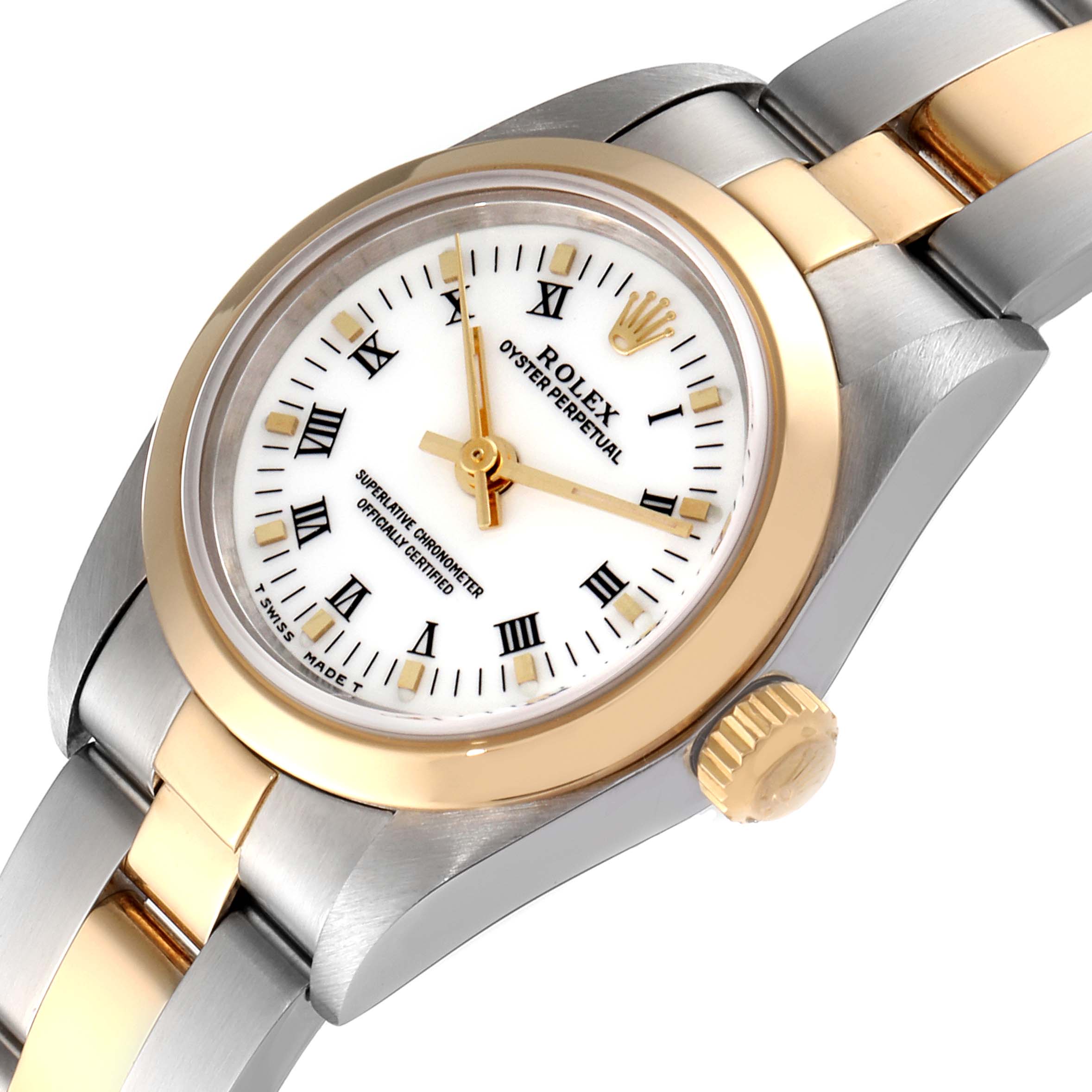 The image shows a close-up, angled view of a Rolex Oyster Perpetual 76183 Women
s Steel and Gold (two tone) White Dial 76183 Women
s Steel and Gold (two tone) White Dial watch, highlighting the dial, bezel, and part of the bracelet.