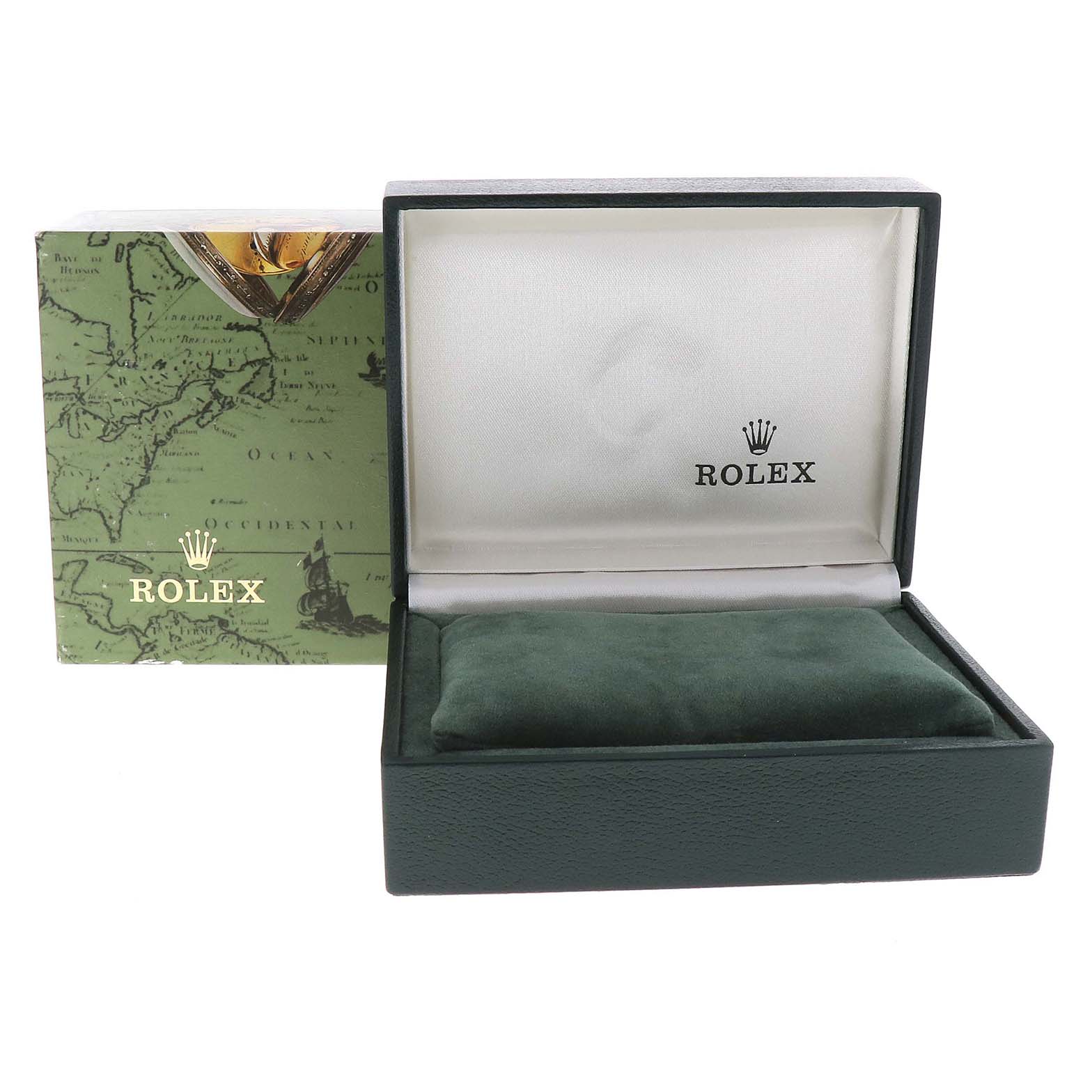 The image shows a Rolex Oyster Perpetual 76183 Women
s Steel and Gold (two tone) White Dial 76183 Women
s Steel and Gold (two tone) White Dial watch box from an angle displaying both the outer box and the open inner box with a cushion.