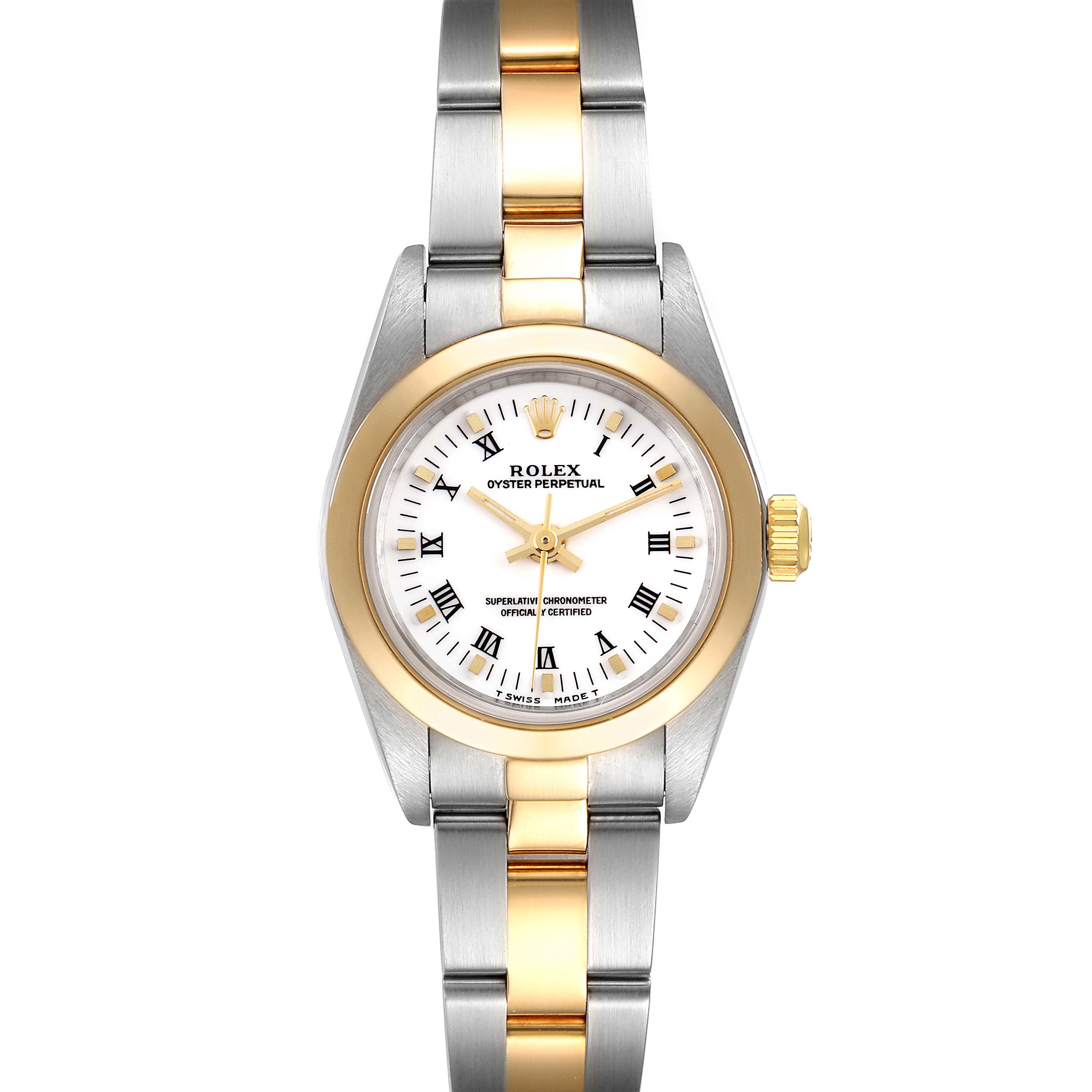 The image shows a front-facing view of the Rolex Oyster Perpetual 76183 Women
s Steel and Gold (two tone) White Dial 76183 Women
s Steel and Gold (two tone) White Dial watch, highlighting its dial, bezel, and bracelet.