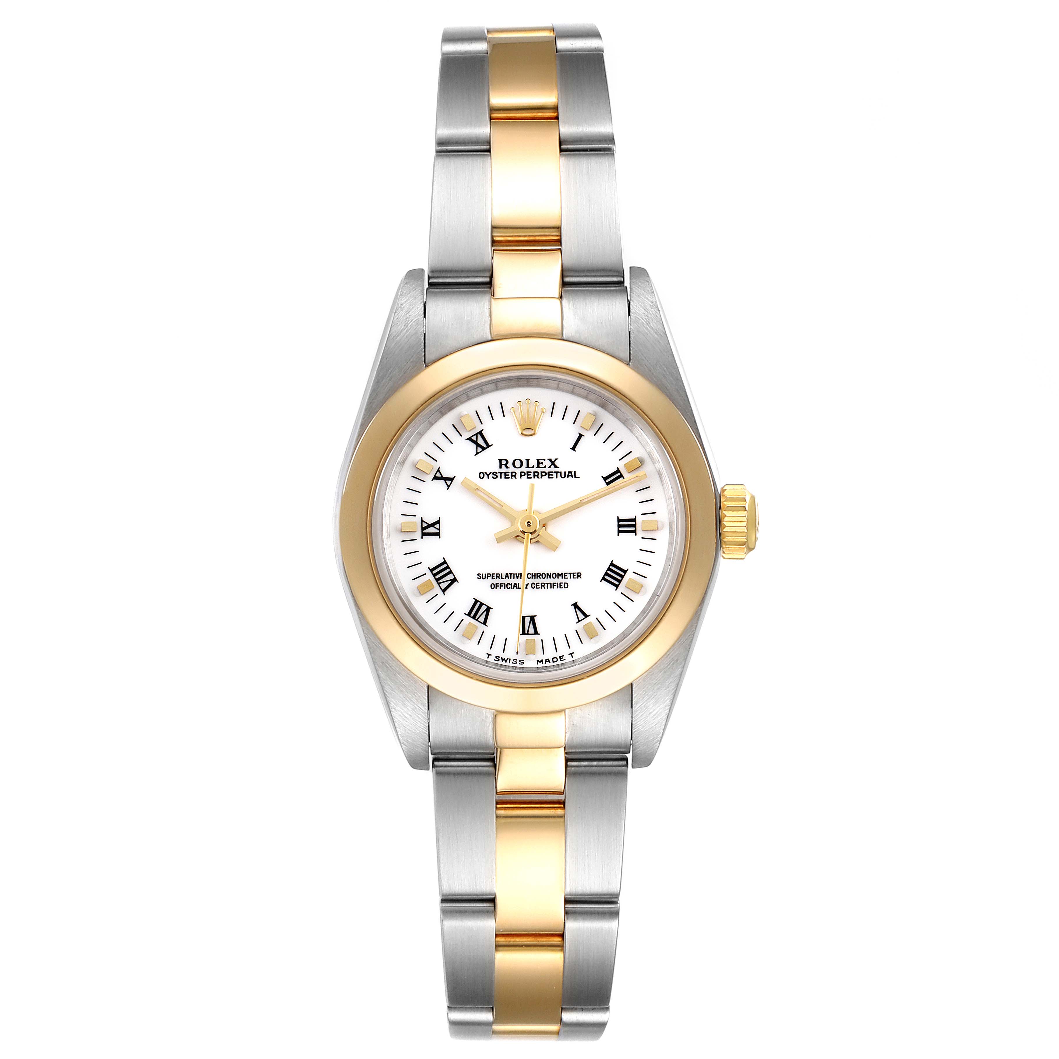 A Rolex Oyster Perpetual 76183 Women
s Steel and Gold (two tone) White Dial 76183 Women
s Steel and Gold (two tone) White Dial watch is shown from the front, displaying the face, bezel, and bracelet.
