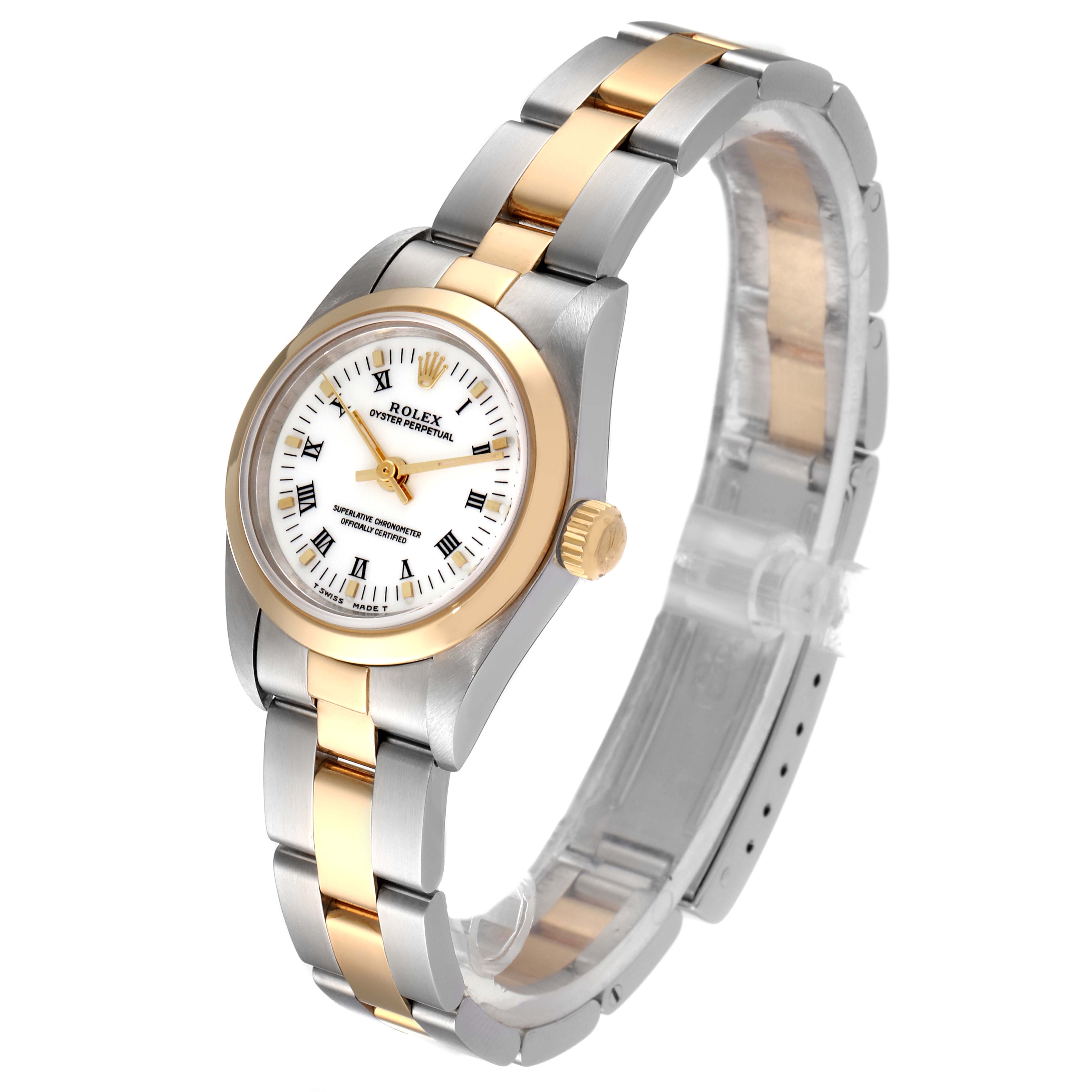 The image shows a Rolex Oyster Perpetual 76183 Women
s Steel and Gold (two tone) White Dial 76183 Women
s Steel and Gold (two tone) White Dial watch angled slightly from the side, displaying its two-tone gold and silver bracelet and white dial.