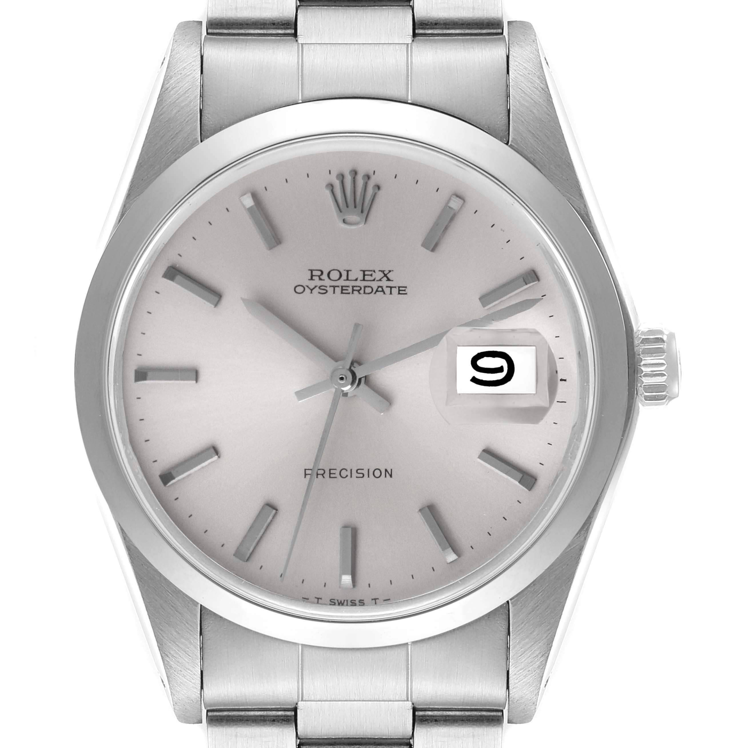 This image shows a front view of the Rolex Vintage Collection 6694 Men's Stainless Steel Silver Dial 6694 Men's Stainless Steel Silver Dial Oysterdate model displaying the face, hands, and date window.