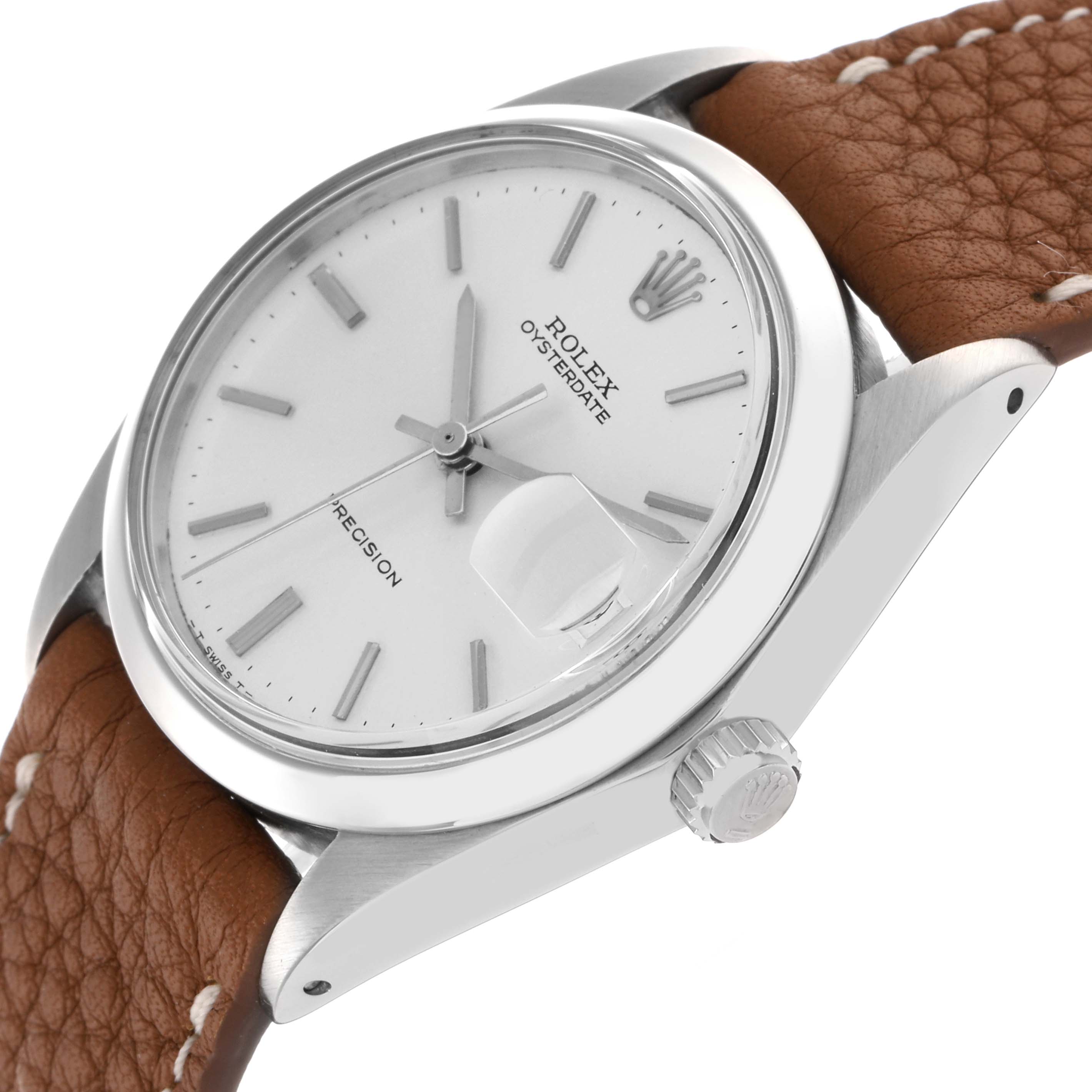 The Rolex Vintage Collection 6694 Men
s Stainless Steel Silver Dial 6694 Men
s Stainless Steel Silver Dial watch is shown at a tilted side angle, highlighting the case, crown, and brown leather strap.