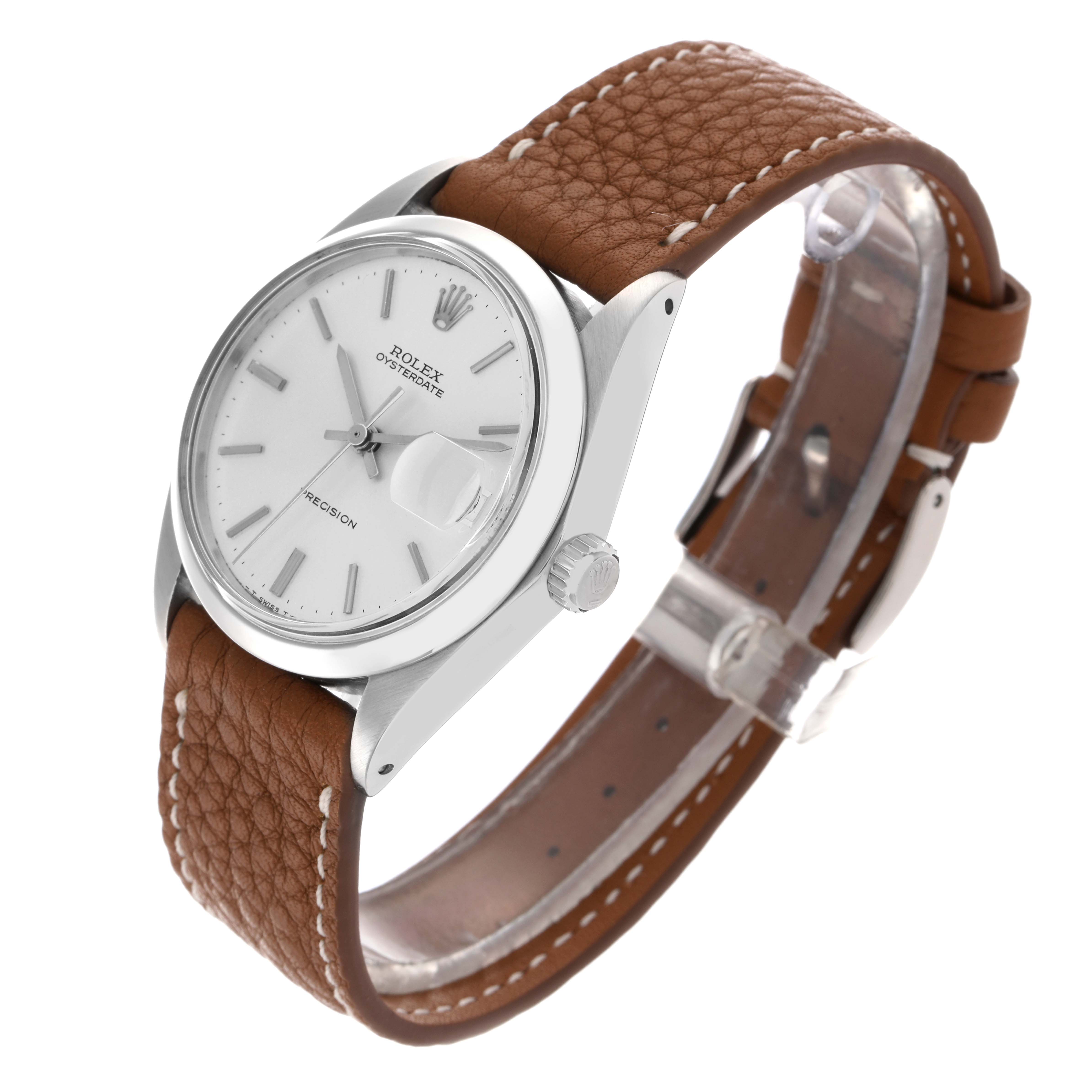 The Rolex Vintage Collection 6694 Men
s Stainless Steel Silver Dial 6694 Men
s Stainless Steel Silver Dial model is shown at a three-quarter angle, highlighting the face, crown, and brown leather strap.