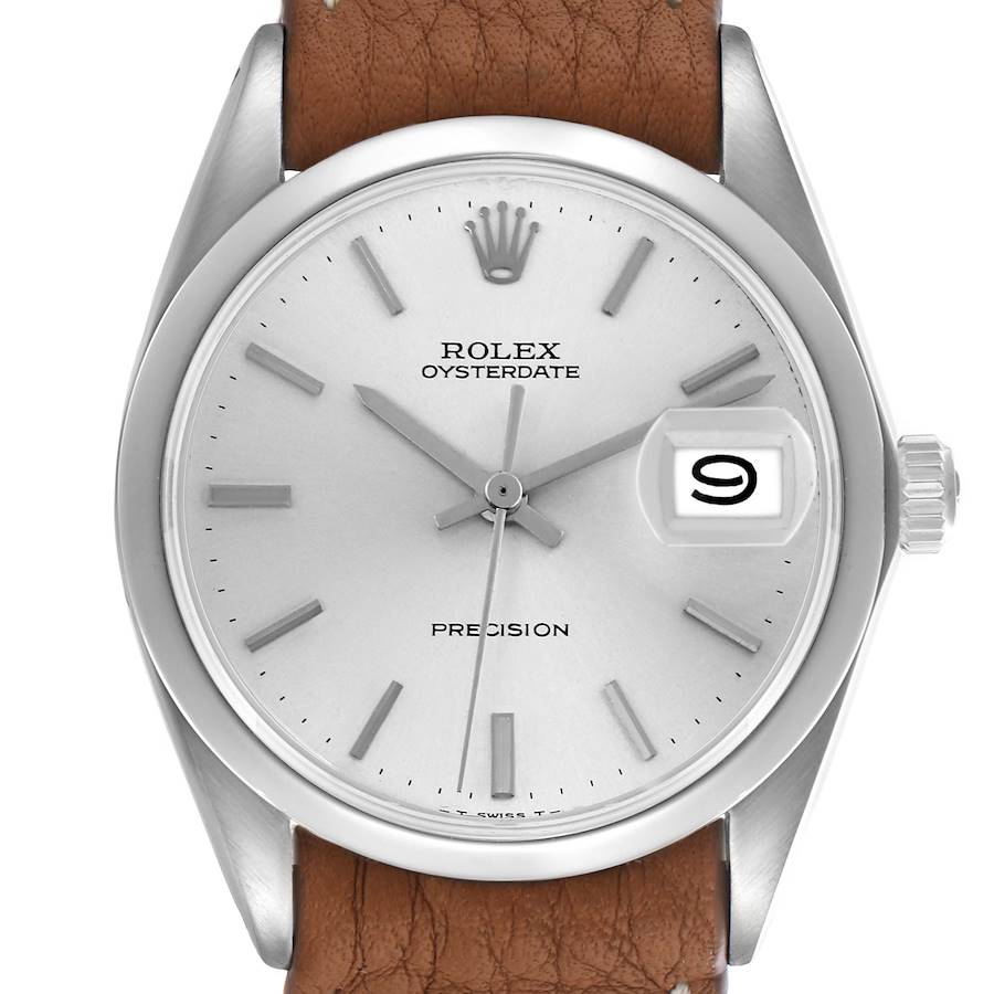 The Rolex Vintage Collection watch is shown from the front, displaying its dial, crown, and leather strap.